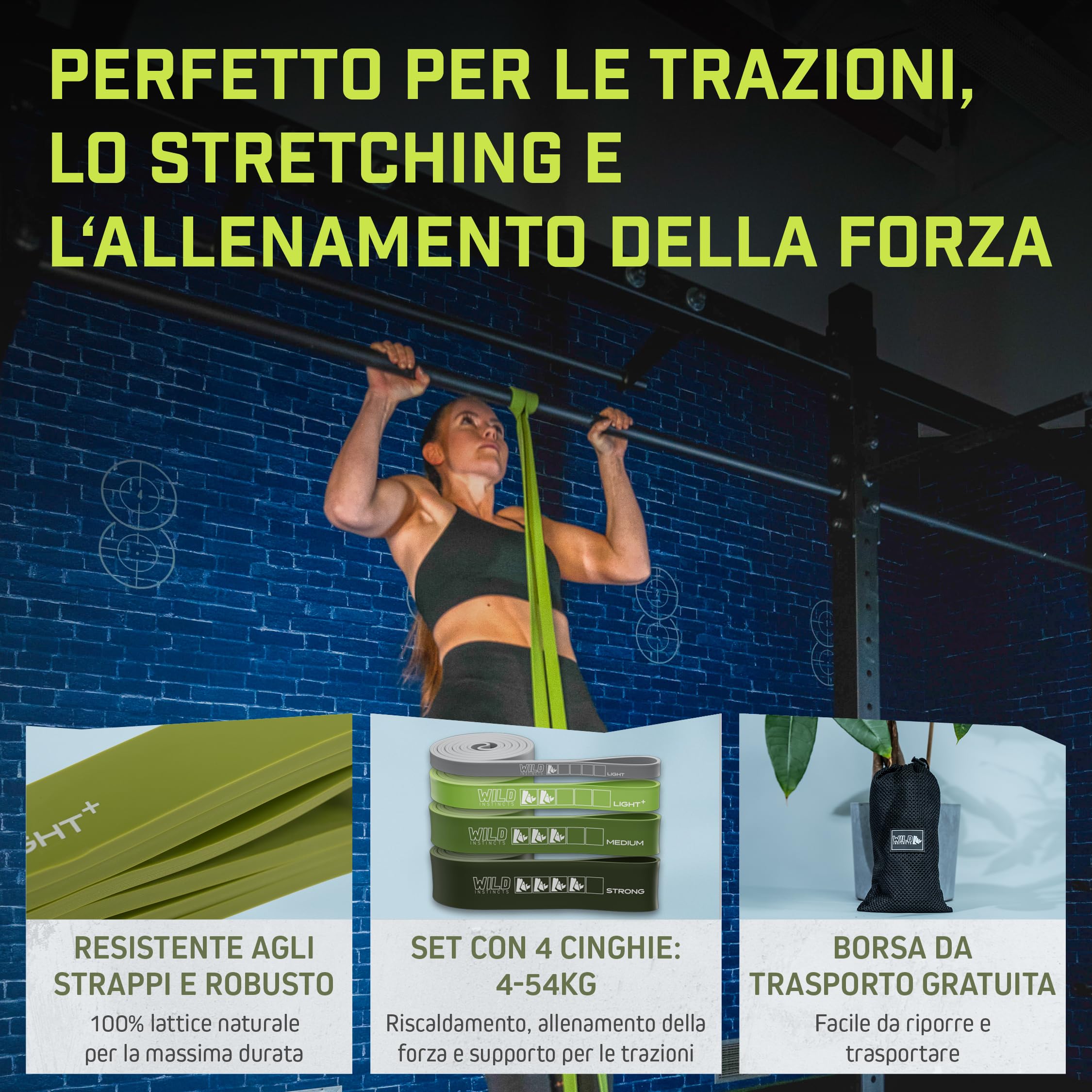 Wild Instincts® Elastico per trazioni con borsa/Bande Elastiche Fitness/Elastici Fitness/Bande Resistenza Fitness/Elastici Trazioni/Set Elastici Fitness/Come Set o Singolarmente
