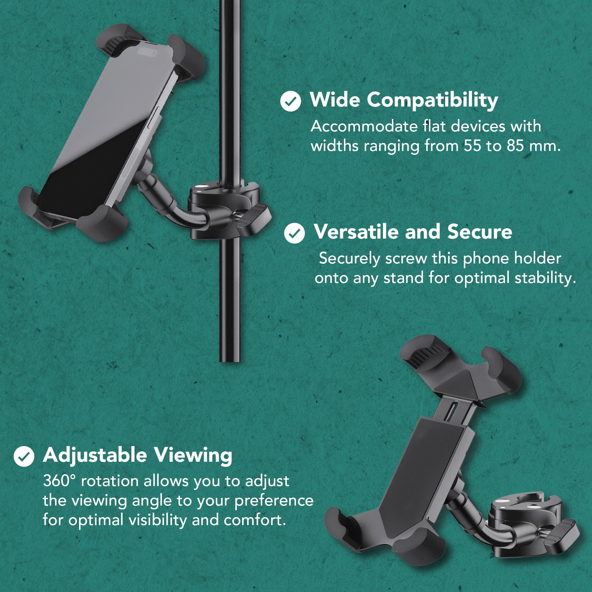 K&M 19755 Smartphone Holder Black Plastic 360° Rotation Flexible Jaws for 5.5-8.5 cm with Quick Release, 10.16 cm x 12.7 cm x 2.54 cm - Image 3