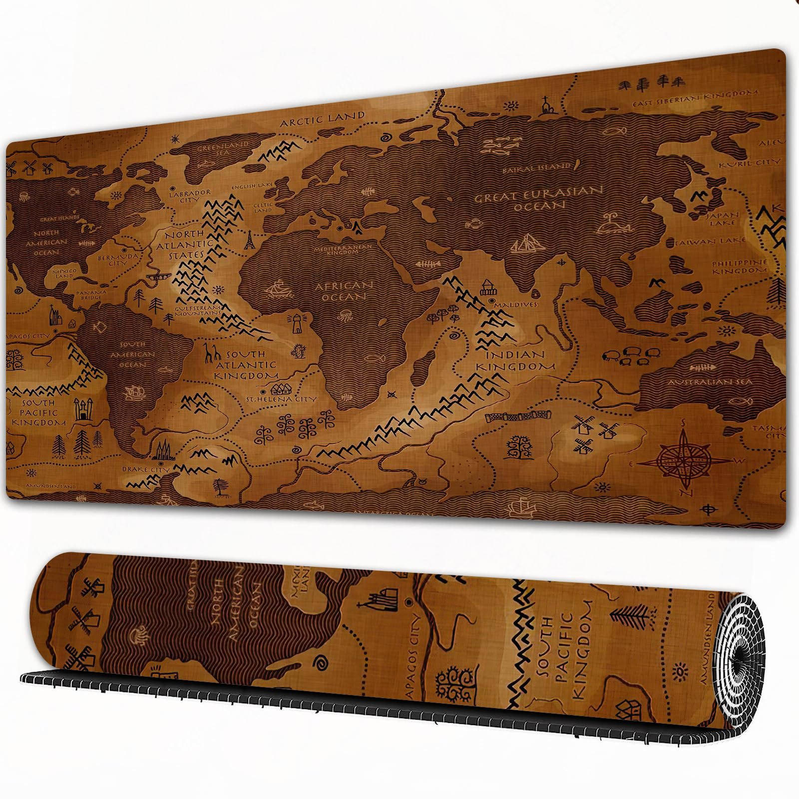 Tappetino per mouse da gioco,grande,antiscivolo,impermeabile,con bordi cuciti,Mappa del mondo vintage retrò oceanico e montano,per gaming,ufficio,casa,40x90 cm