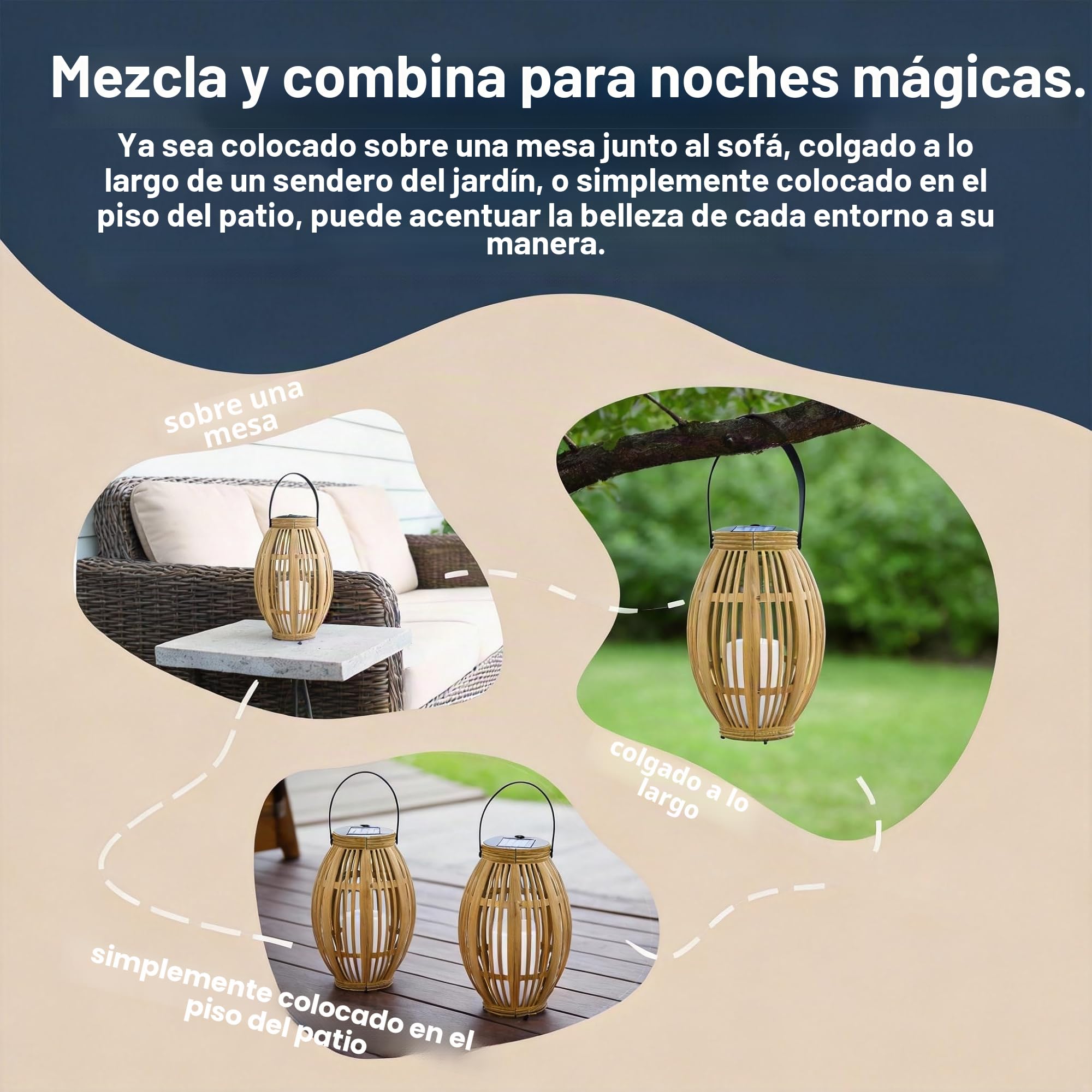 2 farolillos solares para exteriores, lámparas solares con imitación de color bambú para jardín, balcón y terraza, encendido y apagado automático, resistente al agua