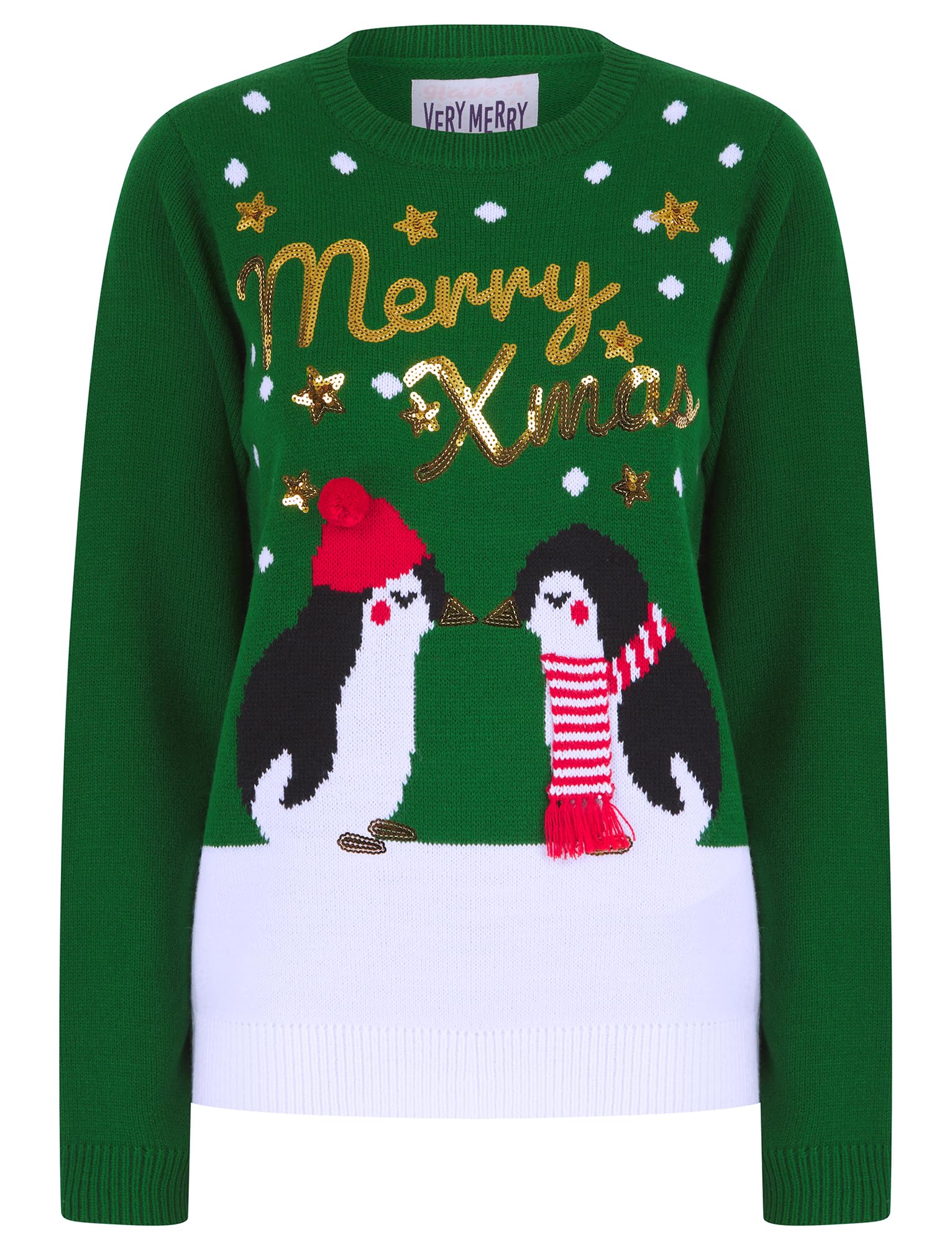 Tokyo Laundry Women's Christmas Green 'Merry Christmas' Kissing Penguin Sequinned Novelty Knitted Xmas Jumper