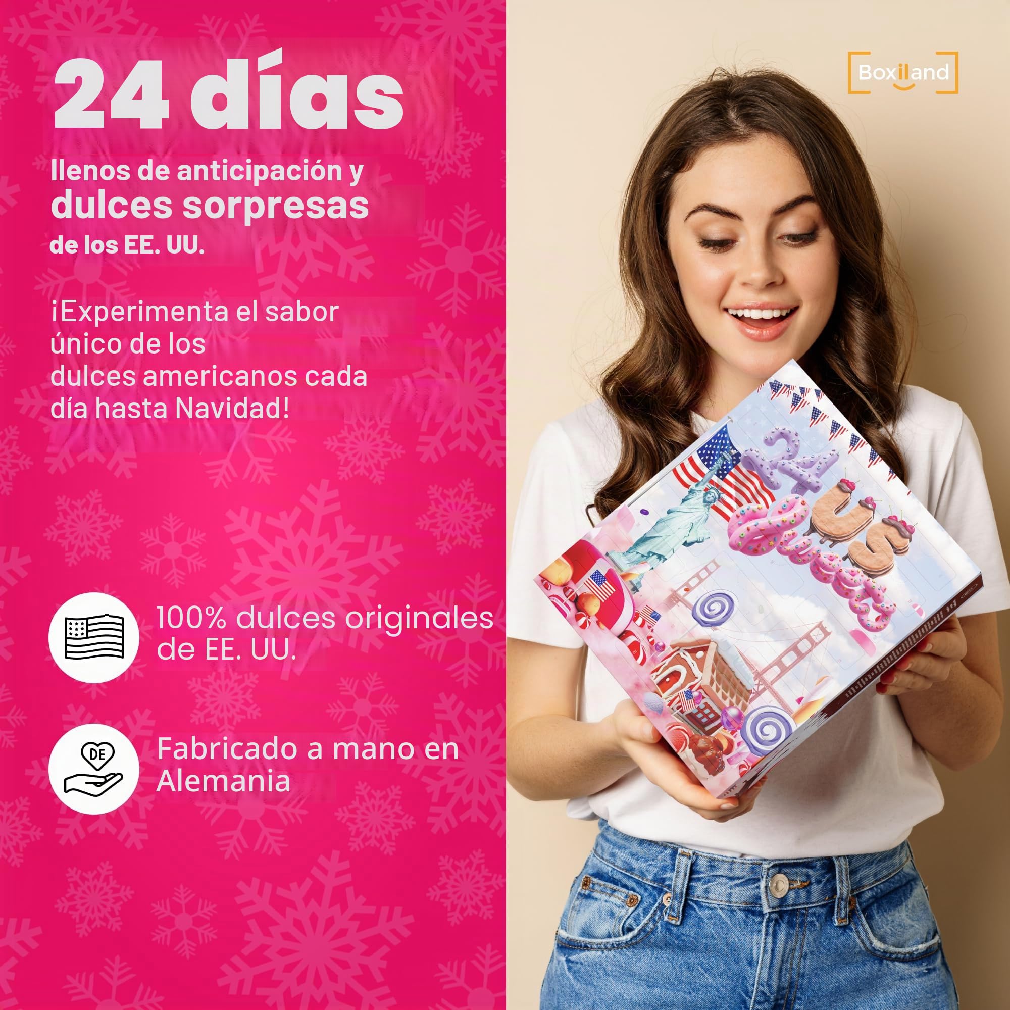 BOXILAND® Calendario de Adviento USA 2025 con dulces americanos [ORIGINAL US CANDY] – Para niños, mujeres y hombres – Calendario de Adviento de US Sweets – Golosinas típicas de Estados Unidos