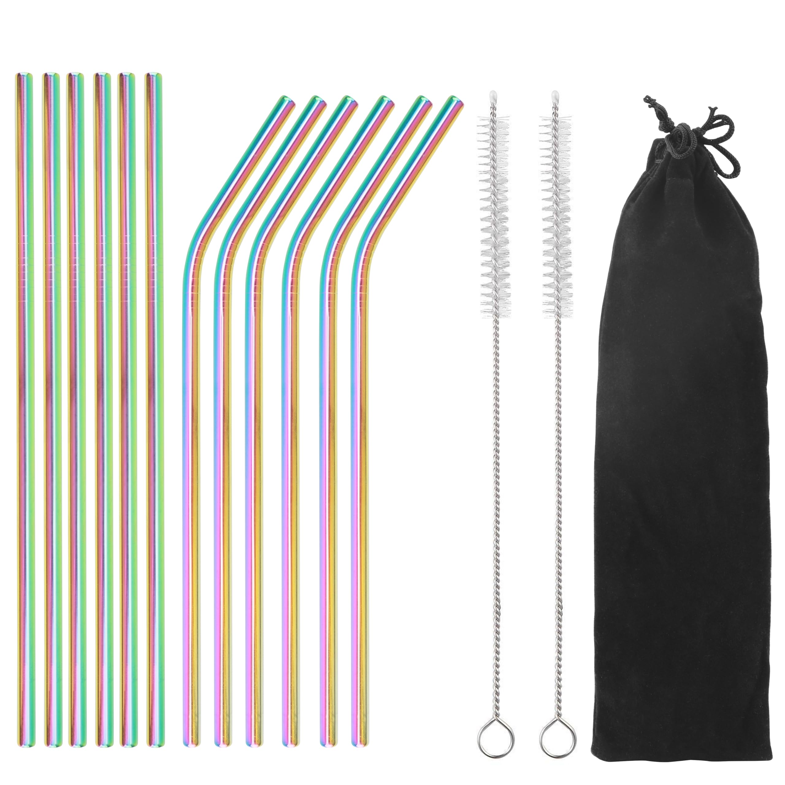 Set 15 Cannucce Riutilizzabili In Acciaio Inox 304 – 6 Dritte + 6 Curve, 2 Spazzole E Borsa In Cotone – Ideali Per Cocktail E Bevande Calde