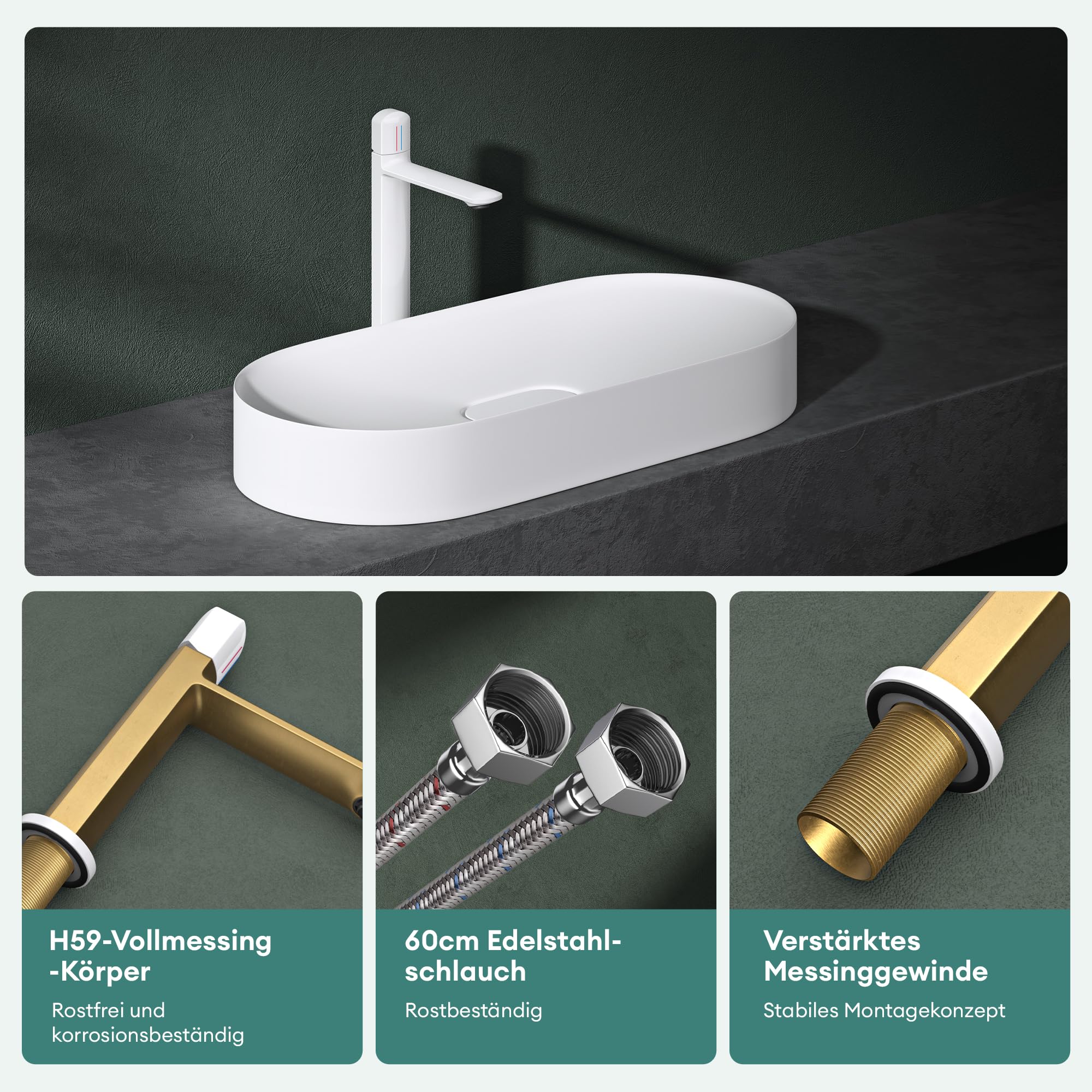 Mai & Mai Wasserhahn Bad 31,3cm hoch, Waschtischarmatur Glänzend weiß | Einhebelmischer Mischbatterie Bad Armatur Badezimmer aus Messing, mit Wassersparfunktion DIN-Anschlüsse WAO-1190H