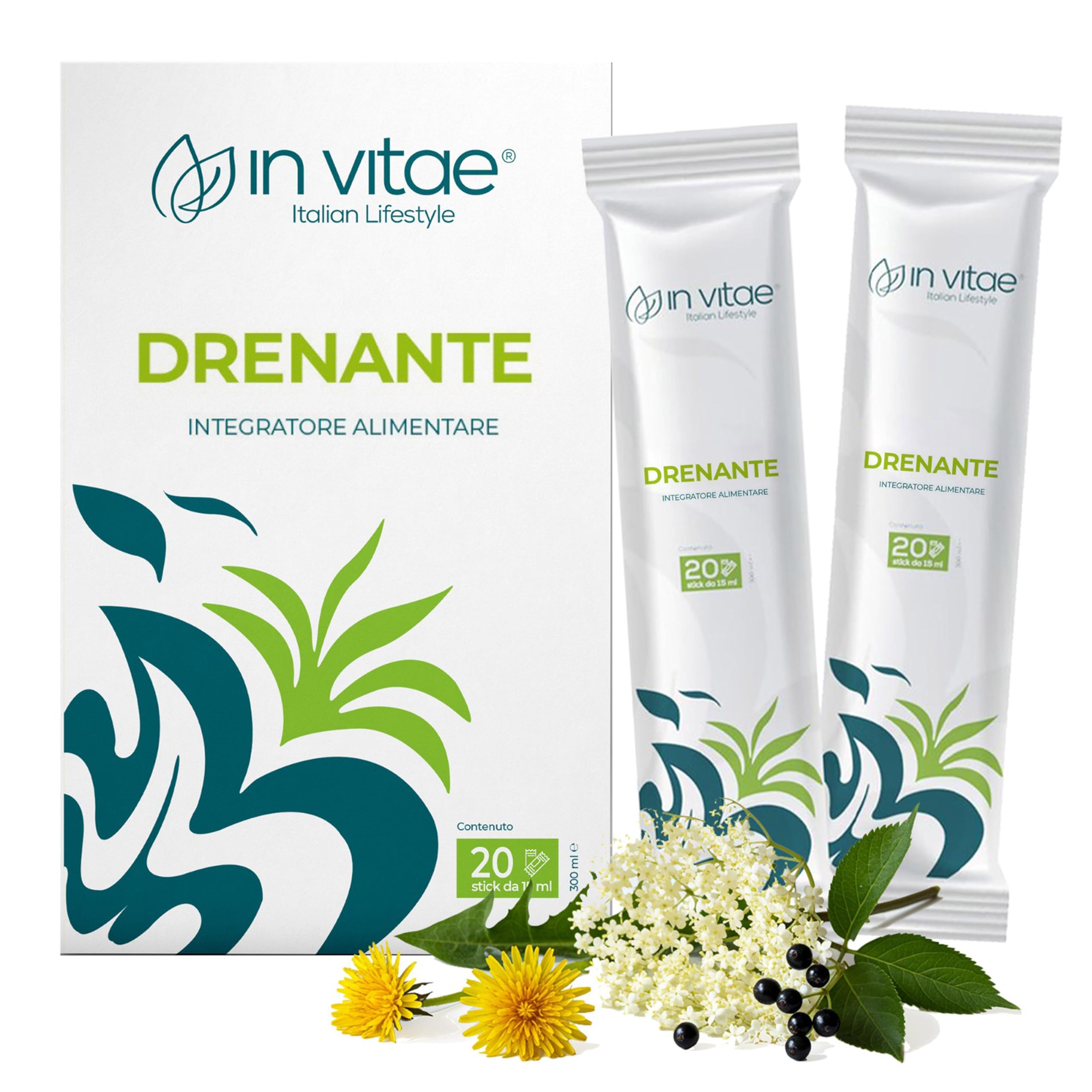 IN VITAE Drenante Forte - Integratore con Aloe, Tarassaco, Betulla, Carciofo e Sambuco - Supporto al Drenaggio dei Liquidi Corporei e Funzioni Depurative - 20 Stick Gel - Made in Italy