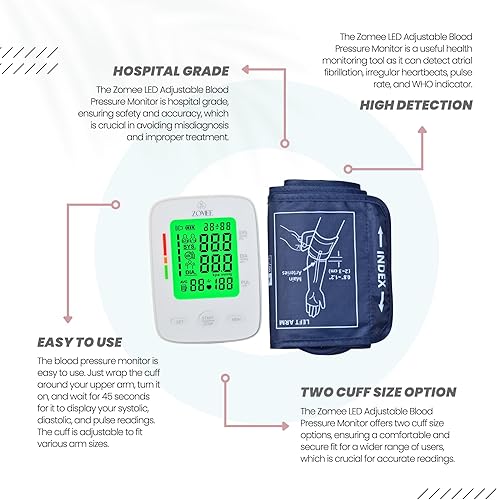 Miniatura 4 de Zomee Monitor de presión arterial de brazo superior con transmisión de voz BP precisa, pantalla grande LCD, 2 x 99 memorias fáciles de 1 toque,