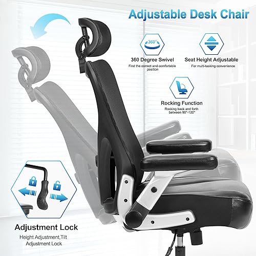 Miniatura 41 de Bigroof Silla de oficina en casa, silla de escritorio ergonómica de malla de 400 libras con brazos de apoyo lumbar ajustables, respaldo alto,