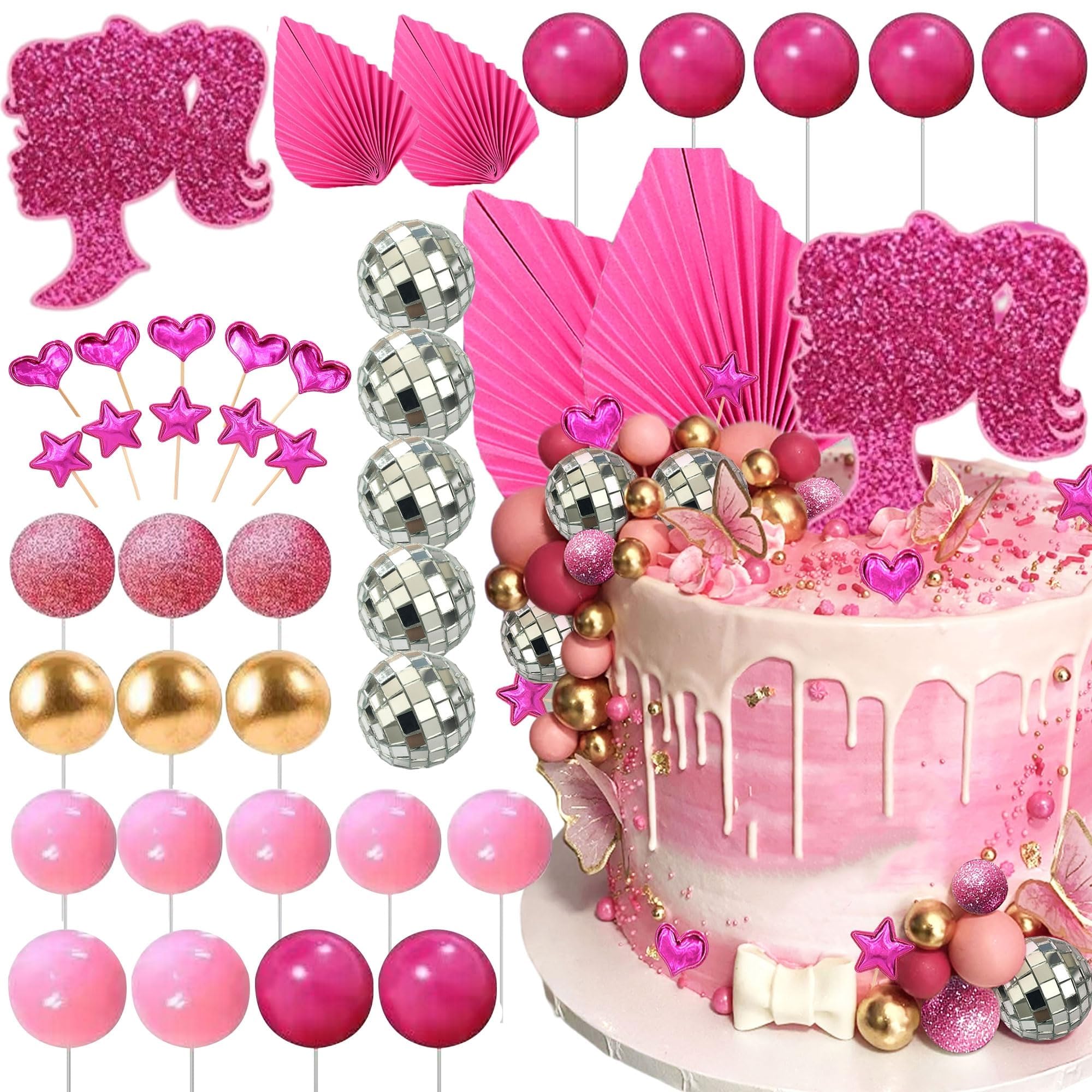 JeVenis Stars Hot Pink Girl Cake Decoration Girls Birthday Decoration Pink Balls Palm Leaves Heels Lipstick Bags Cake Topper for Birthday Bridal
