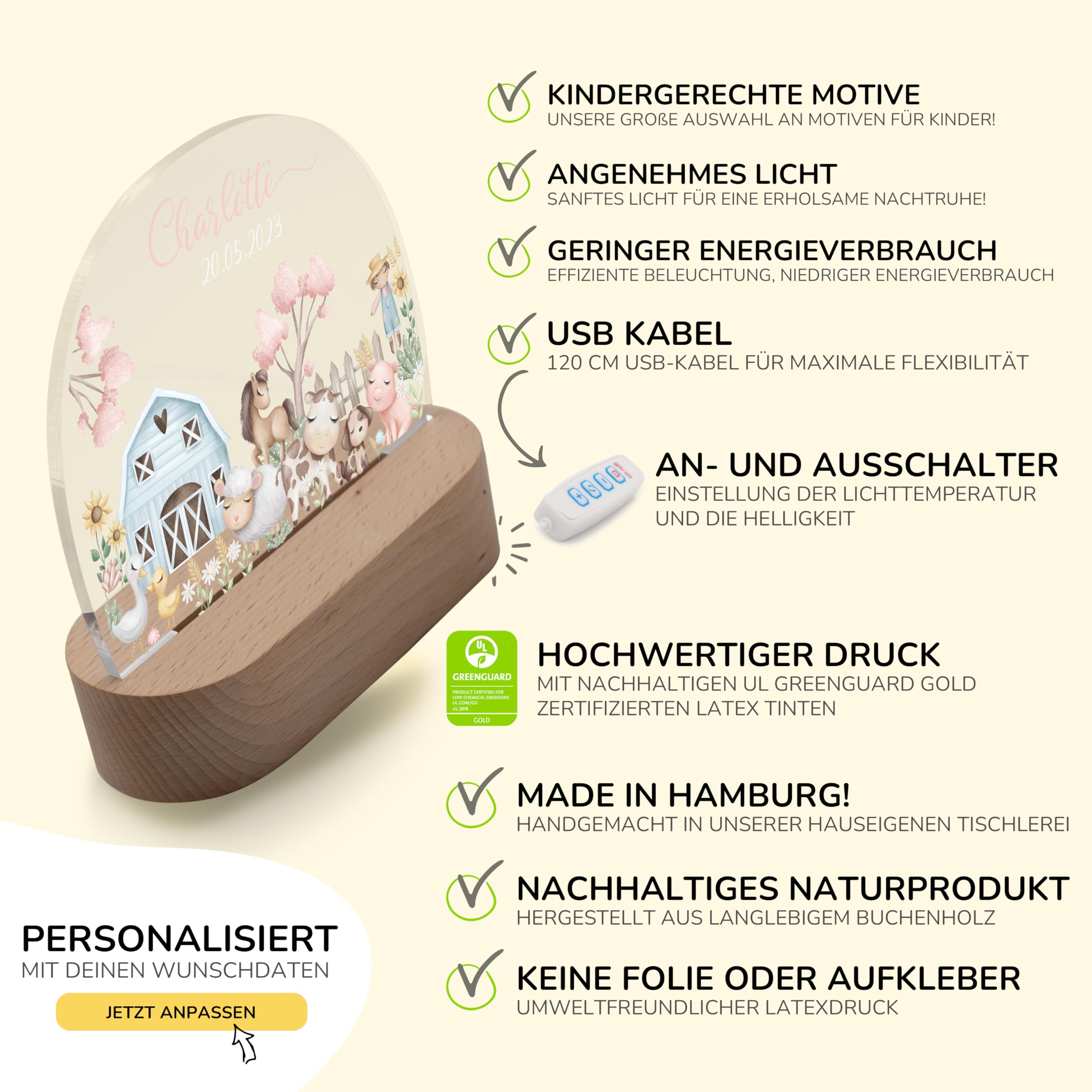 Kidsmood Personalisiertes Nachtlicht Baby mit Namen - Stilllicht Kinder LED, dimmbar, Holz - Babygeschenk Geburt, Taufgeschenk Mädchen Jungen, Kinderzimmer Lampe & Schlummerlicht [Bauernhof Freunde]