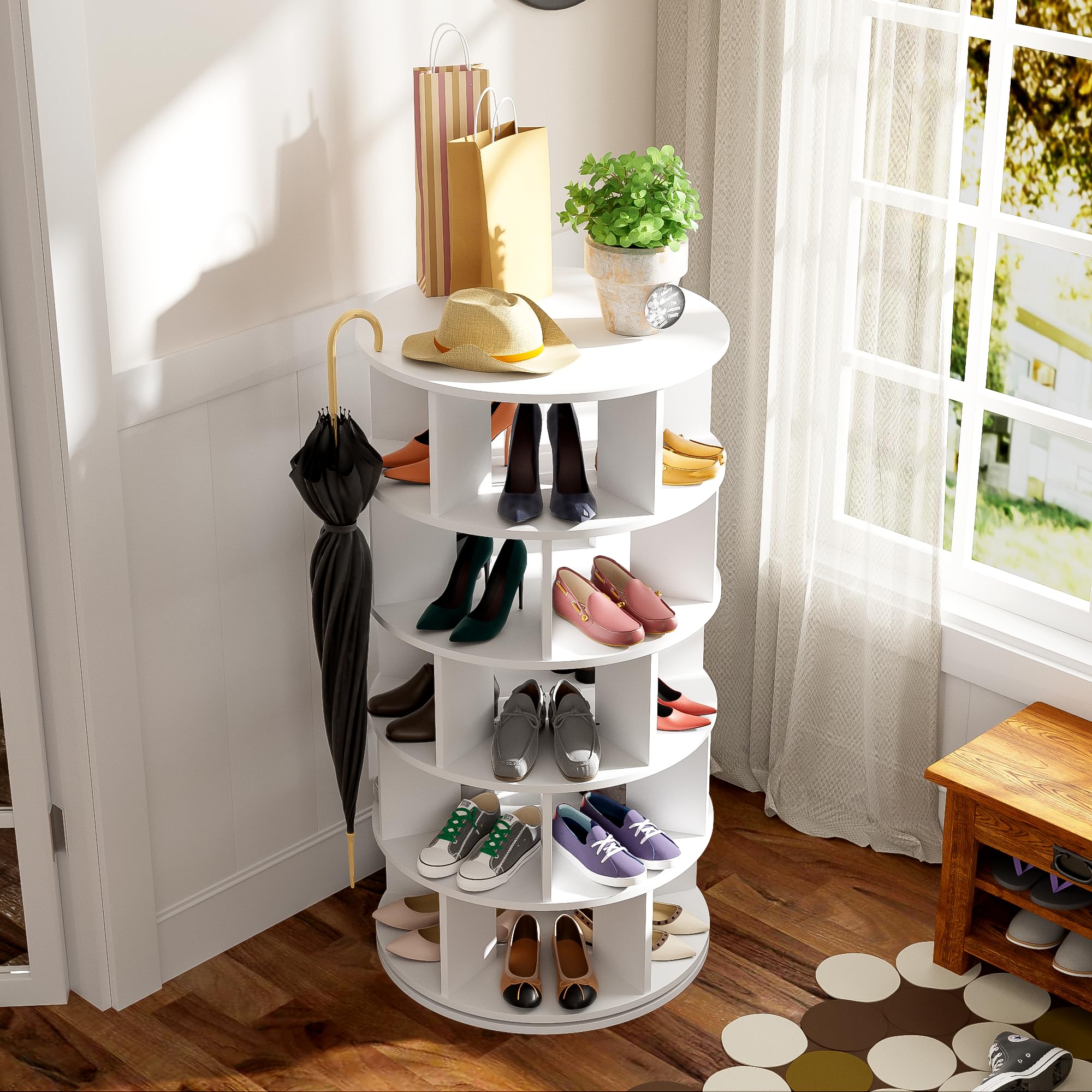Merax Schuhregal Drehbar, Multifunktionales Schuhschrank mit 5 Ebenen, Rundes Rotating Shoe Rack 360-Grad-Drehung, Höhe 115 cm, Breite 60 cm, Weiß