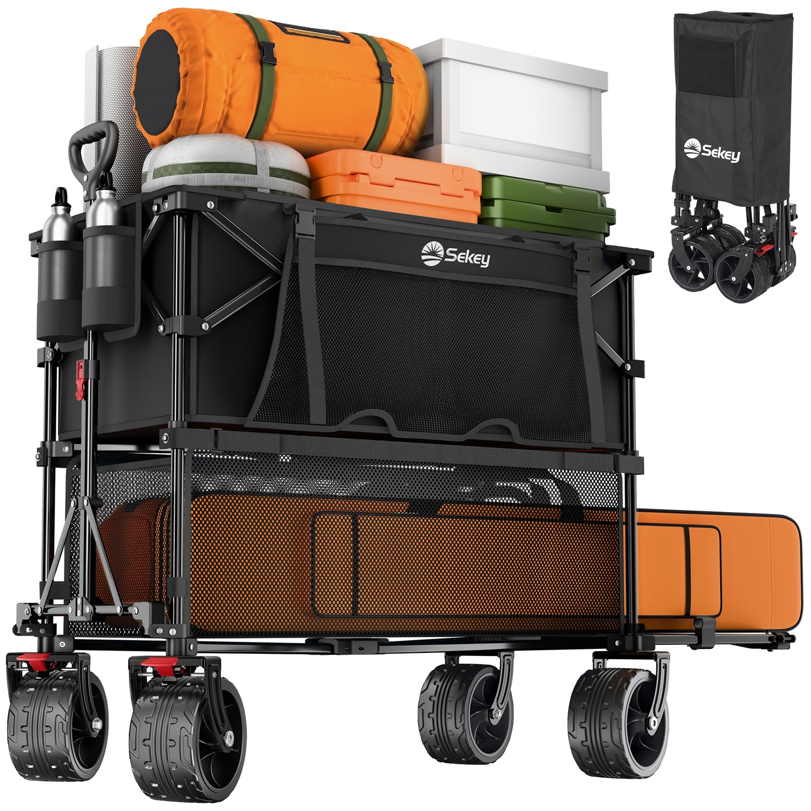 400L Large Capacity Folding Double Decker Wagon with Brakes, 48" Extra Long Extender Cart, 500lbs Heavy Duty Collapsible Wagons, All-Terrain Big Wheels for Camping, Sports, Shopping. Black