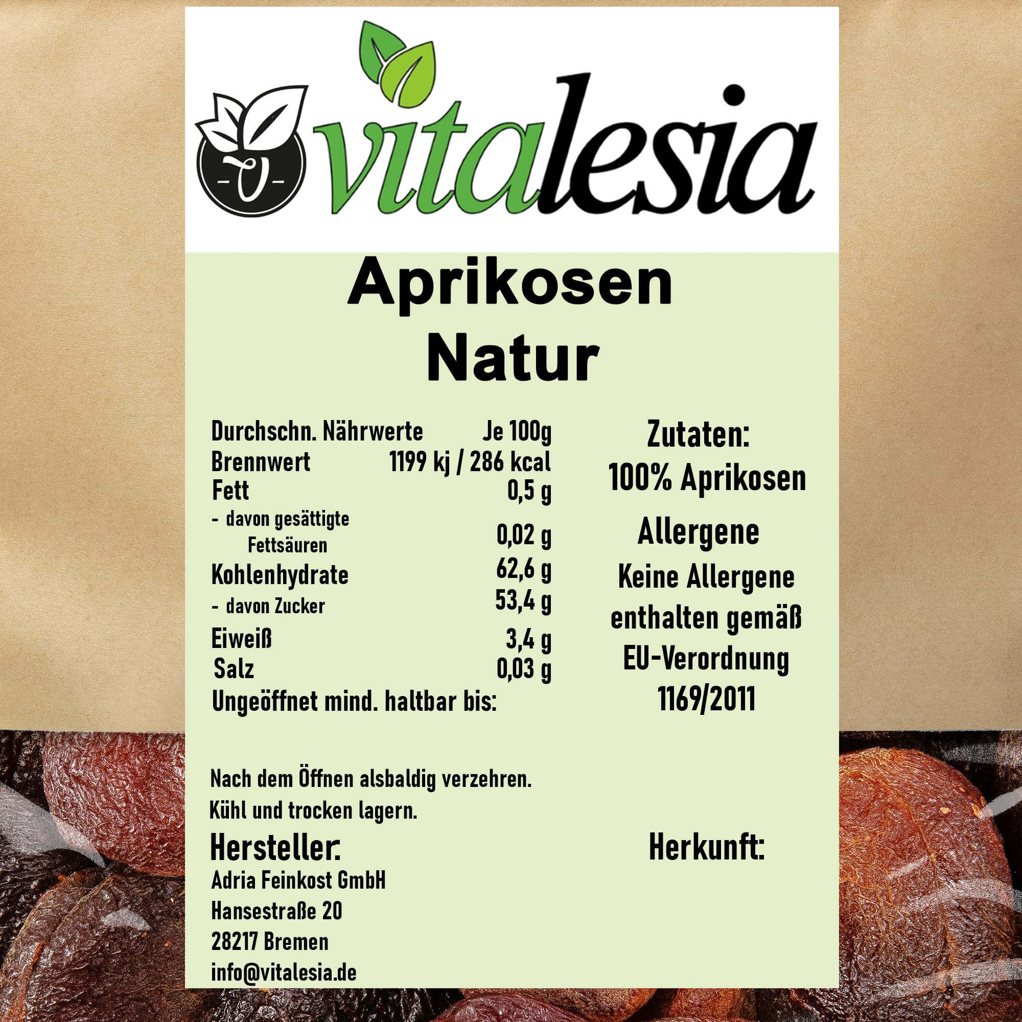 Vitalesia Aprikosen getrocknet ungeschwefelt 5kg entsteint naturbelassen