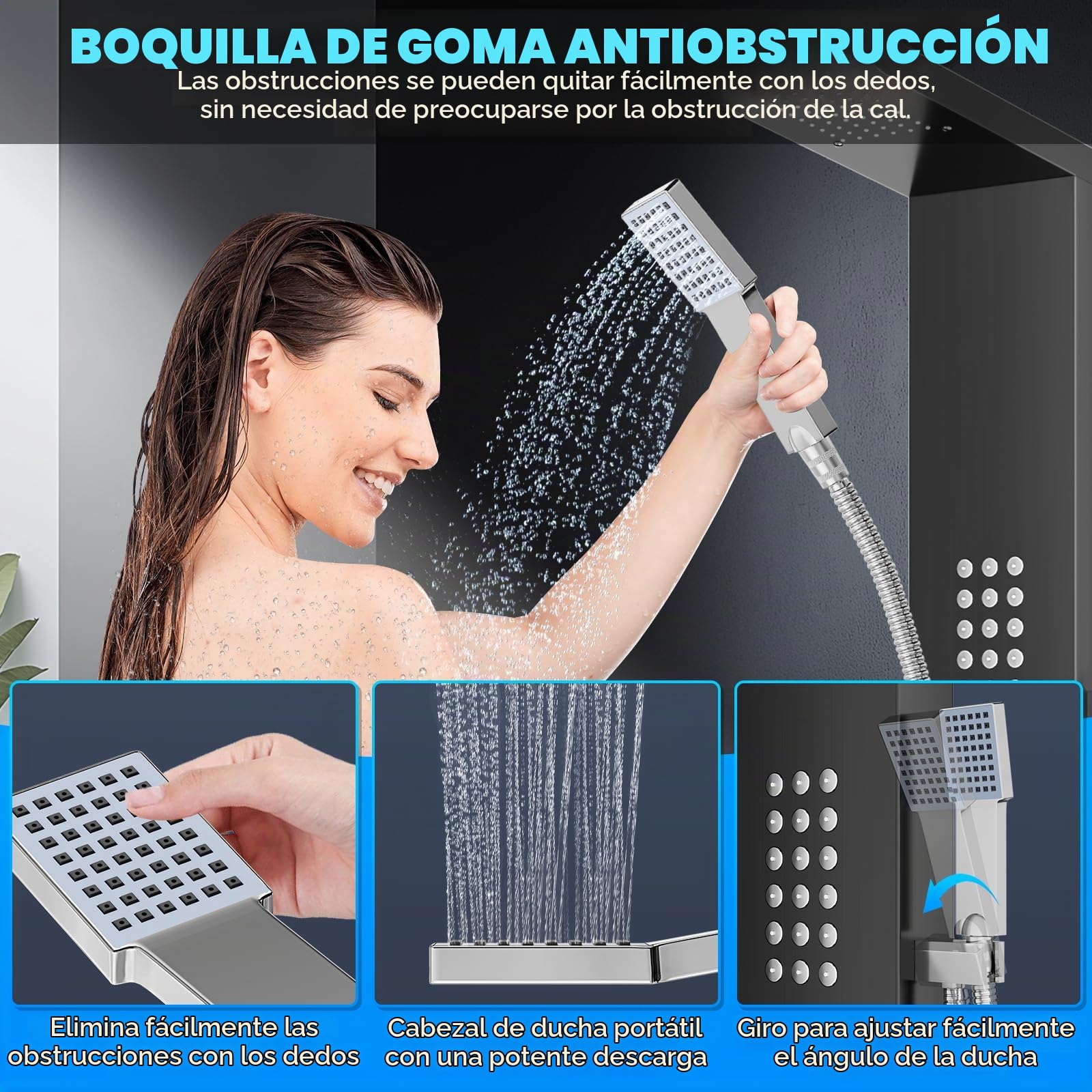 Sistema de panel de ducha con 5 modos, Negro Panel de Ducha Acero Inoxidable para Baño,hidromasaje y cascada,caño para bañera y cabezal de ducha con manguera, baño