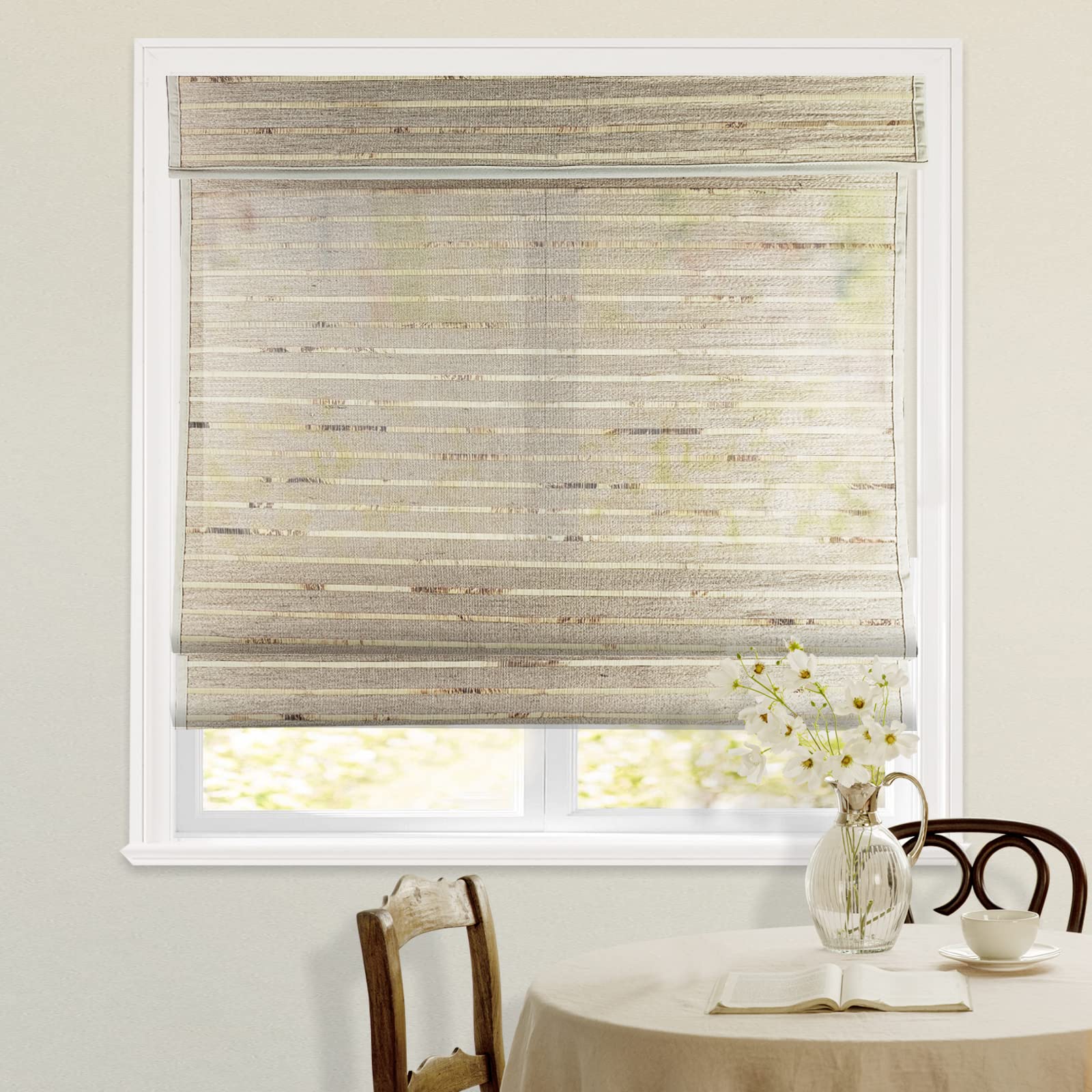 Blackout Cordless Blinds Bamboo Roman Shades, Custom Window Shades with Borders, Natural 100% Bamboo and Linen Blinds for Windows, Pattern 022