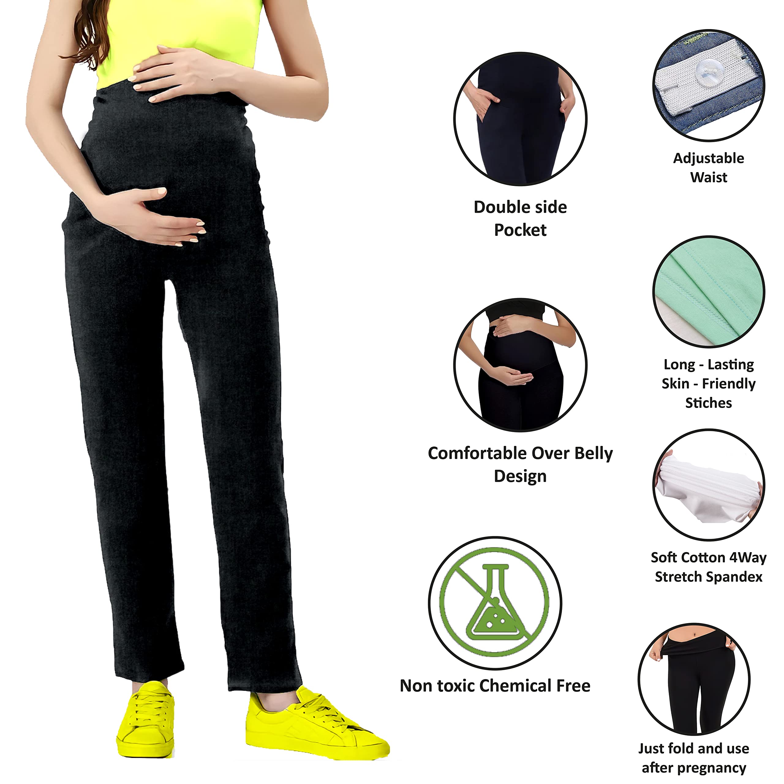 LENAM Women Soft Cotton Lycra Mid Rise Stretchable Maternity Pants With Double Pockets And Full Belly Coverage (XL, Charcoal) 2