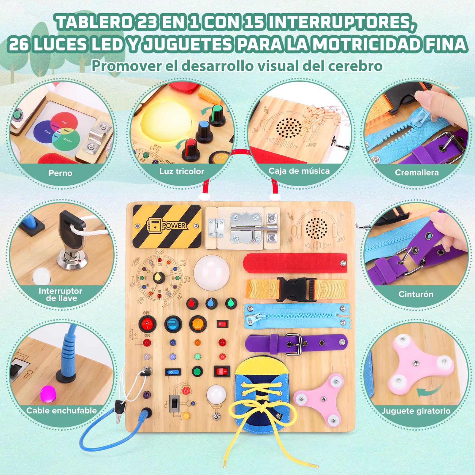 Planche Montessori 23-en-1 Enfant 1-3 Ans – 15 Interrupteurs, 26 LEDs, Boîte à Musique, Cadenas, Fermeture Éclair, Lacets – Cadeau Éducatif