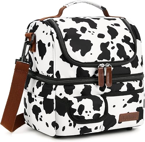 LOKASS Lonchera para mujer, con aislamiento de doble cubierta, con correa de hombro extraíble, estampado de vaca, bonita bolsa de almuerzo abierta