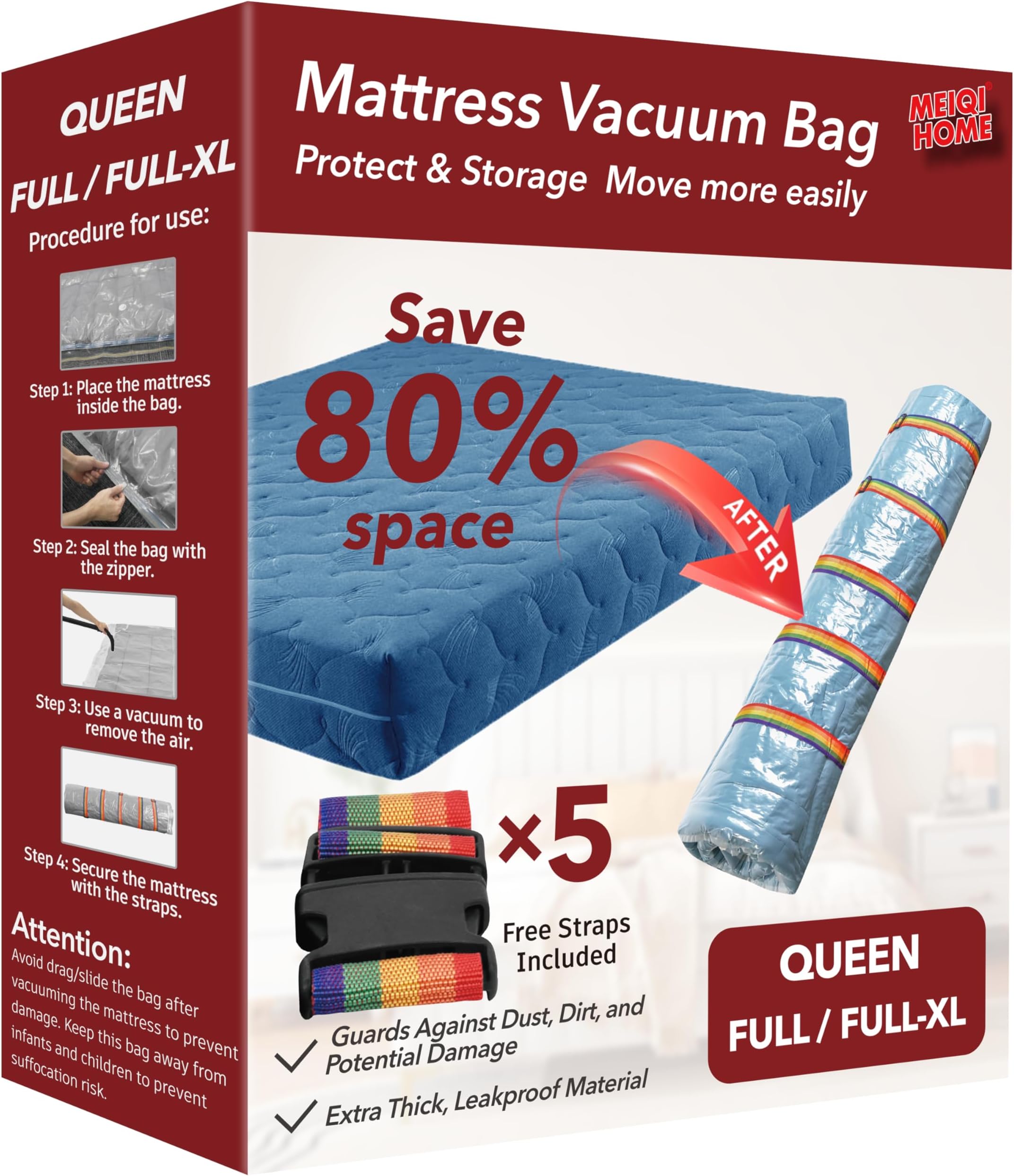 MEIQIHOME Queen/Full/Full-XL Mattress Bags for Moving with Straps, Extra Large Vacuum Seal Moving Bags, Heavy Duty Mattress Cover
