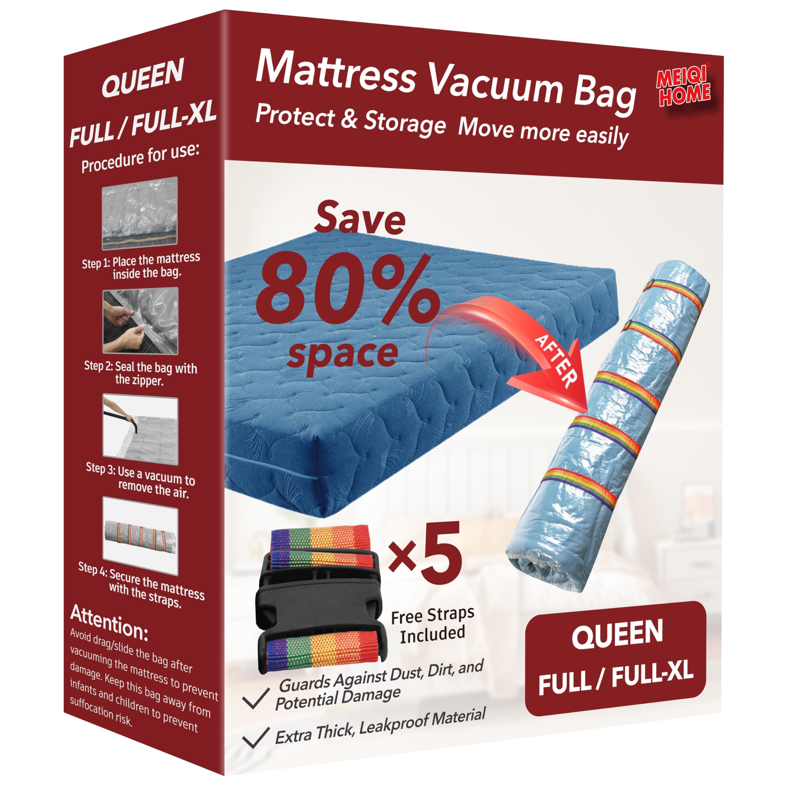 MEIQIHOME Queen/Full/Full-XL Mattress Bags for Moving with Straps, Extra Large Vacuum Seal Moving Bags, Heavy Duty Mattress Cover