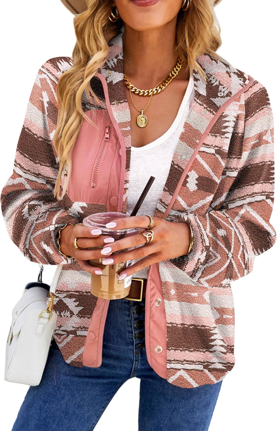 SELINK Womens Fleece Jacket Western Aztec Print Long Sleeve Snap Button Down Shacket Jackets with Pockets