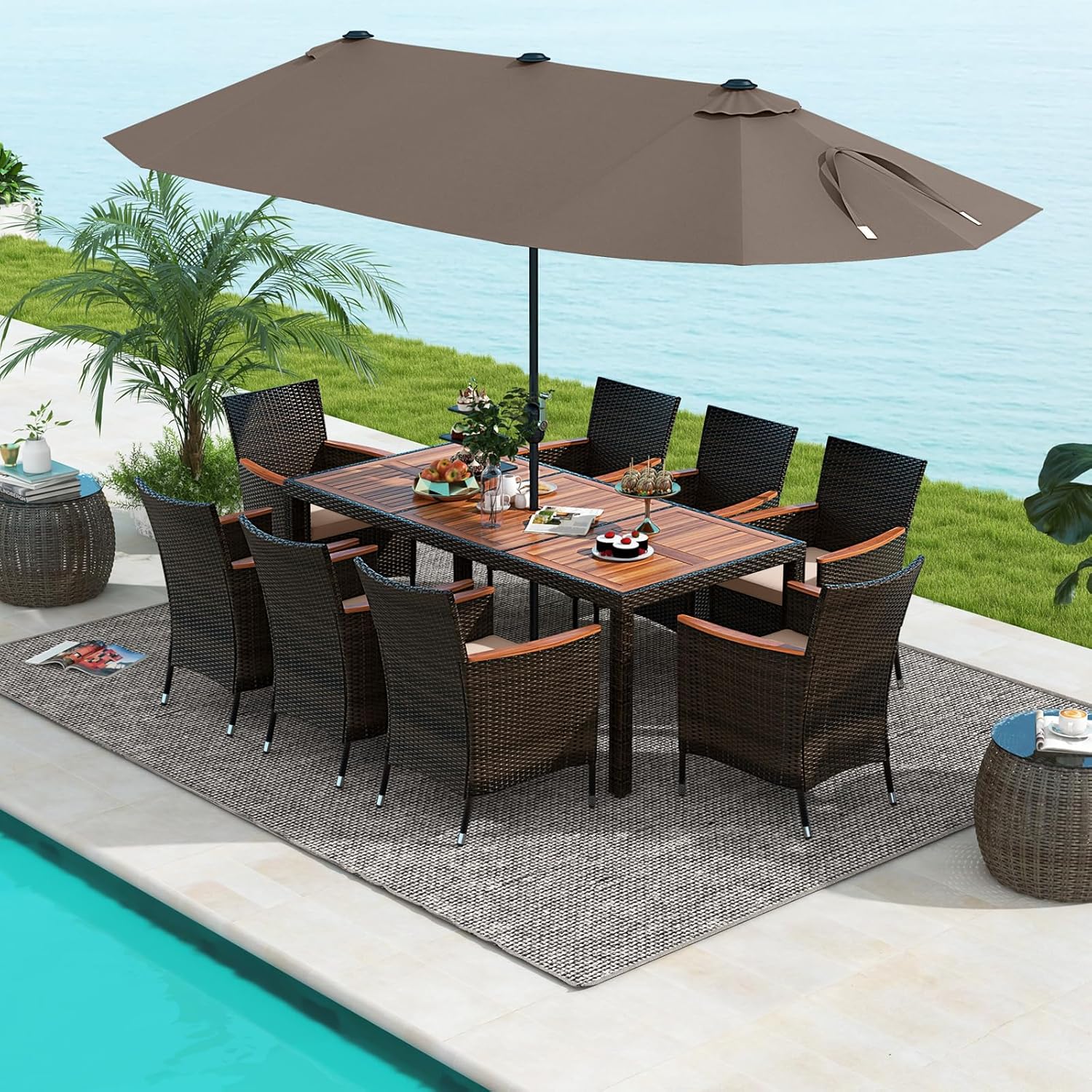 Tangkula 11 Pieces Rattan Outdoor Dining Set with 15Ft Solar Patio Umbrella for 8, Outdoor Wicker Table Set with 8 Cushioned Chairs, Acacia Wood Top, Outdoor Umbrella with Base Included