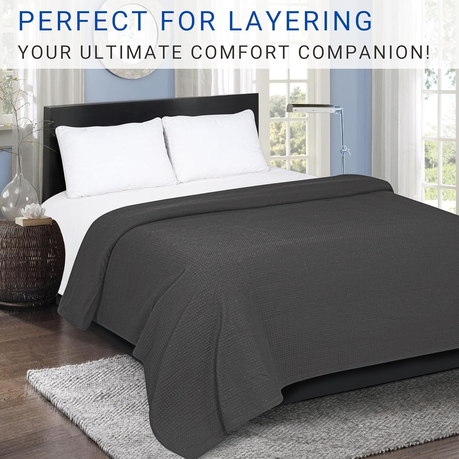 TWINTY 100% Cotton Queen Size Waffle Weave Thermal Blanket - Breathable, Lightweight, Comfortable Throws for Bed, Sofa, Couch, 90x90 inches, Grey