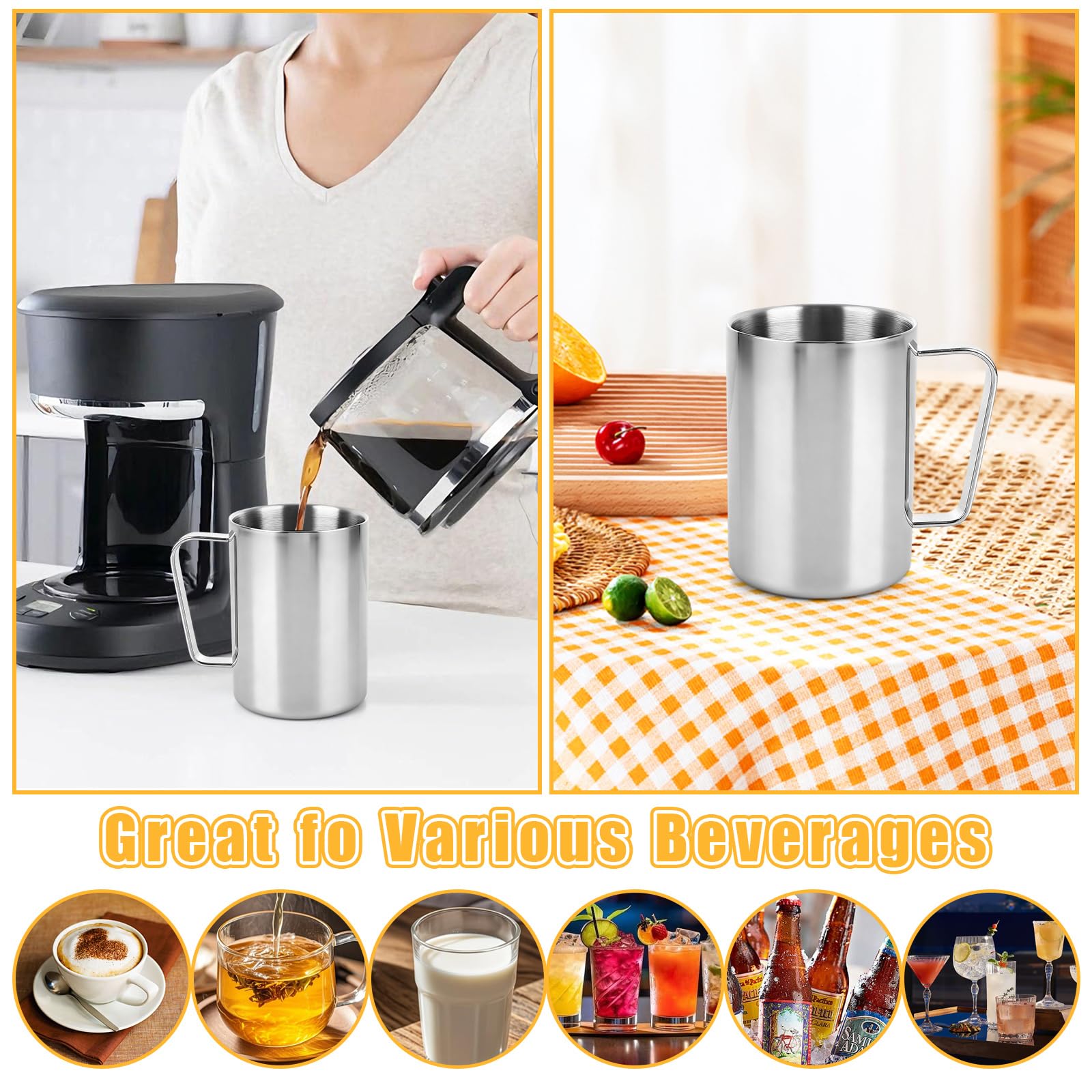 APACALI Edelstahlbecher 3er Set, 500ml / 481.9 g Doppelwandiger Kaffeebecher, Edelstahl Campingbecher, Metall Kaffeetassen mit Griffen für kalte oder heiße Getränke, Silber