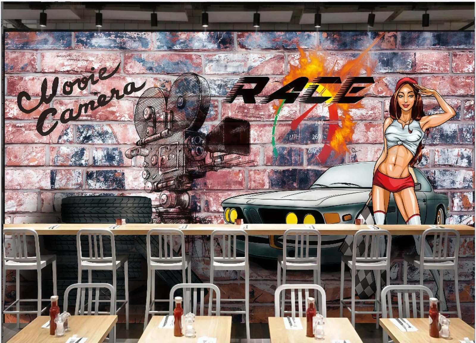 Tapeta ręcznie malowana ściana z cegły Graffiti motyw samochodowy malarstwo dekoracyjne sklep z napojami muzyka bar tło ściana zachodnia restauracja fototapeta kawiarnia, 3D, 300 x 210 cm