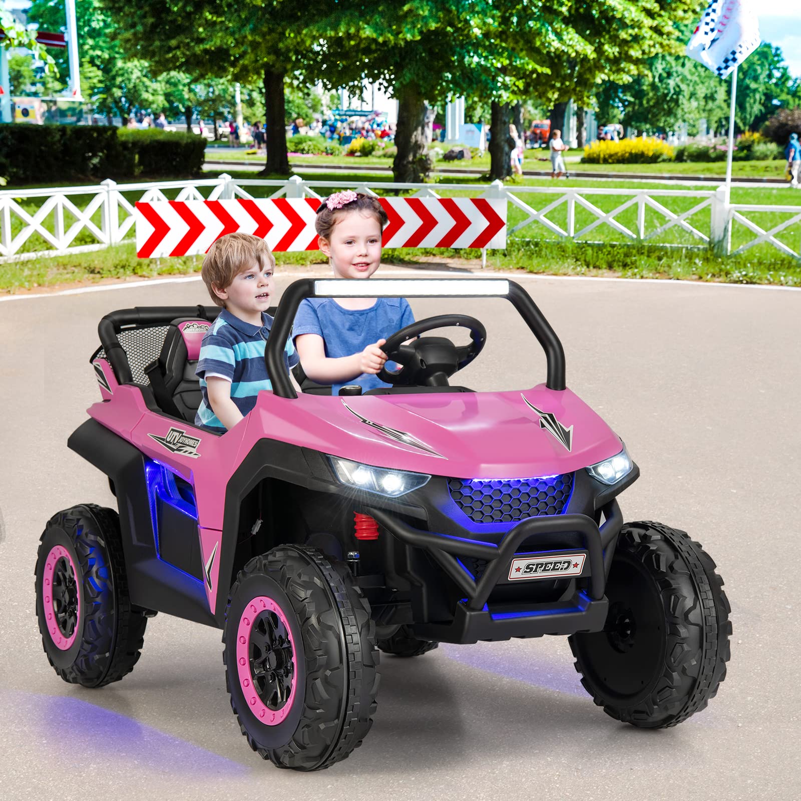 COSTWAY 2-osobowy samochód dziecięcy z pilotem zdalnego sterowania 2,4 G, 12 V, UTV dla dzieci z muzyką i reflektorem, Auto 2-4 km/h, dla dzieci od 3 lat (różowy)