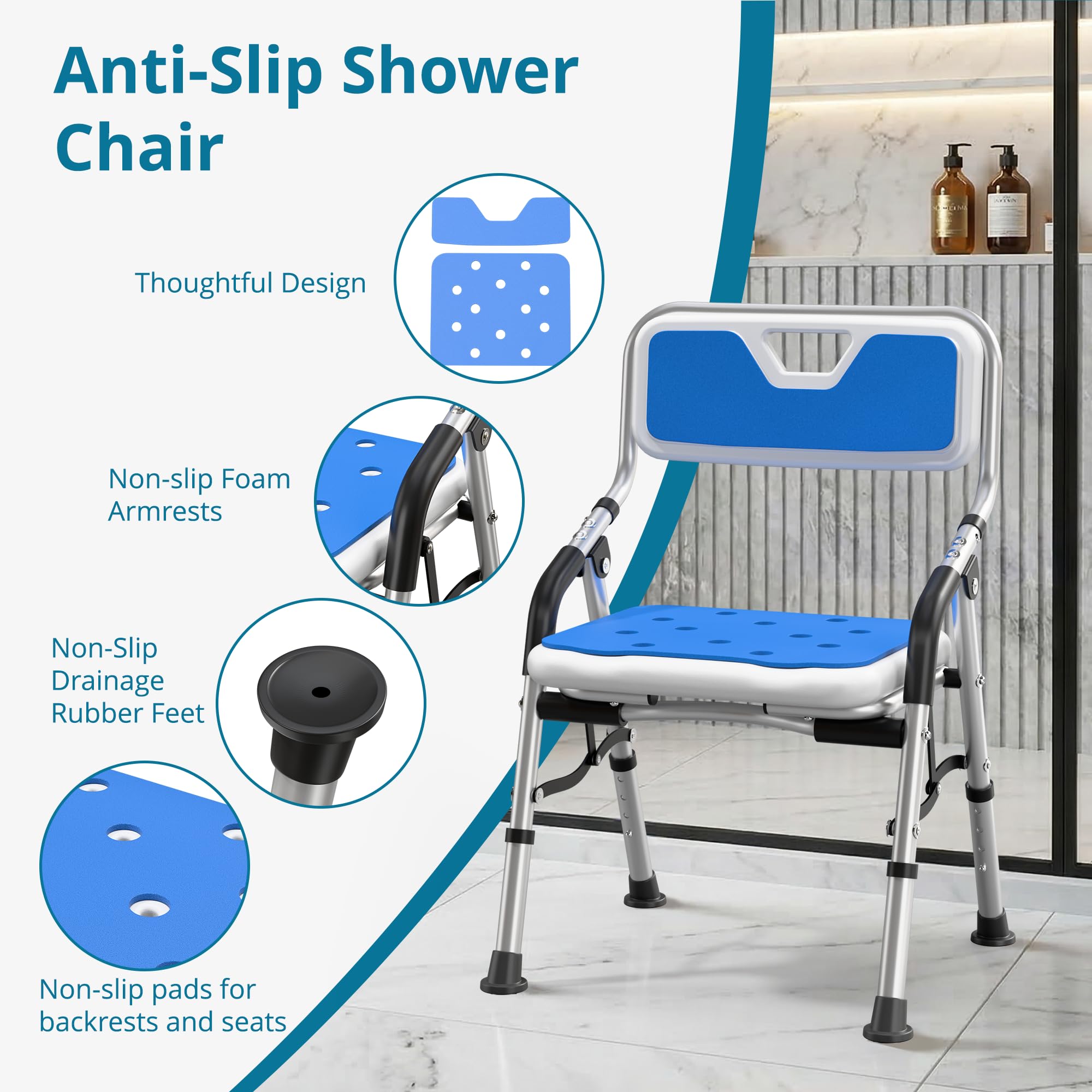 Sedia da Doccia Pieghevole per Anziani e Disabili, Sedile da Bagno Regolabile in Altezza con Braccioli e Schienale, Struttura in Alluminio Leggero, Piedini Antiscivolo e Cuscino, Portata 150 kg