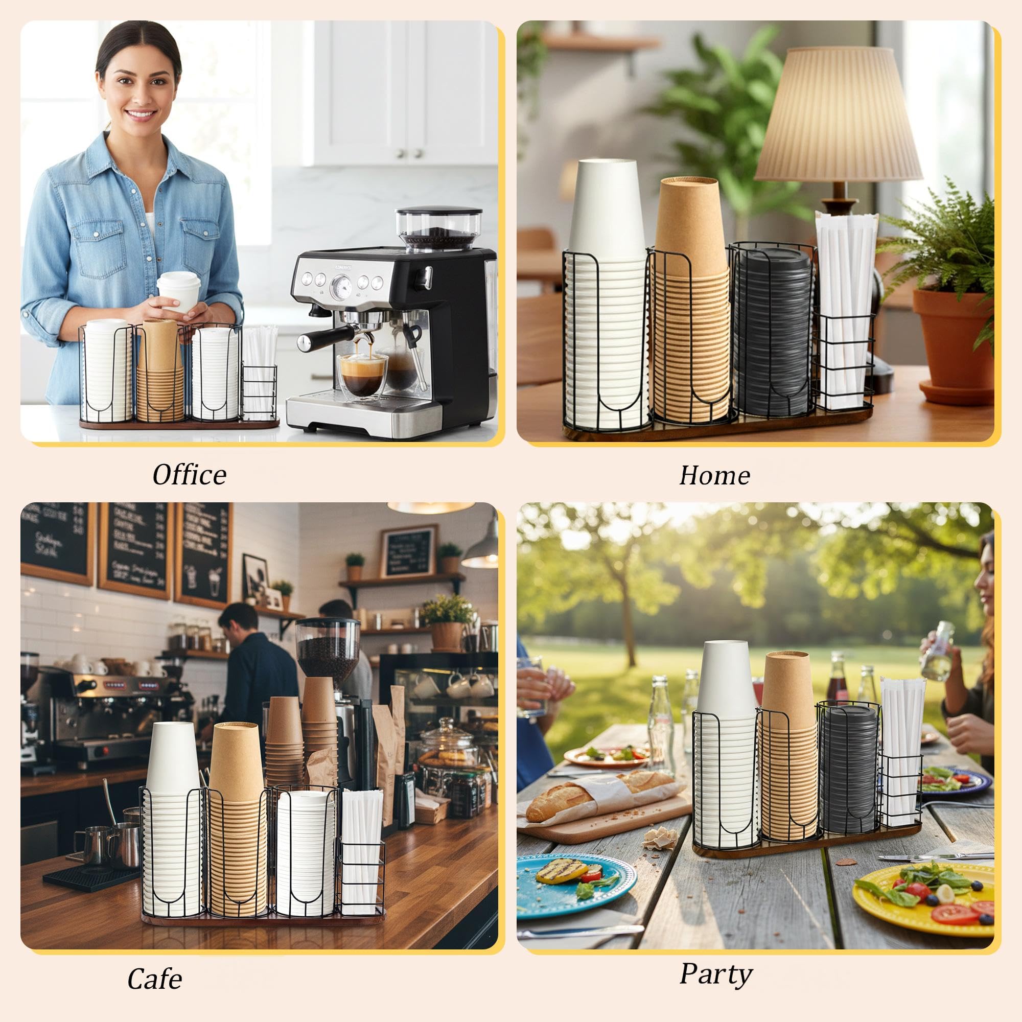 HOMIEE Soporte para Tazas y Tapa Organizador de Café Desechables Metal Dispensador Vasos Desechables de 4 Compartimentos para Café, Bar, Encimera, Sala de Descanso