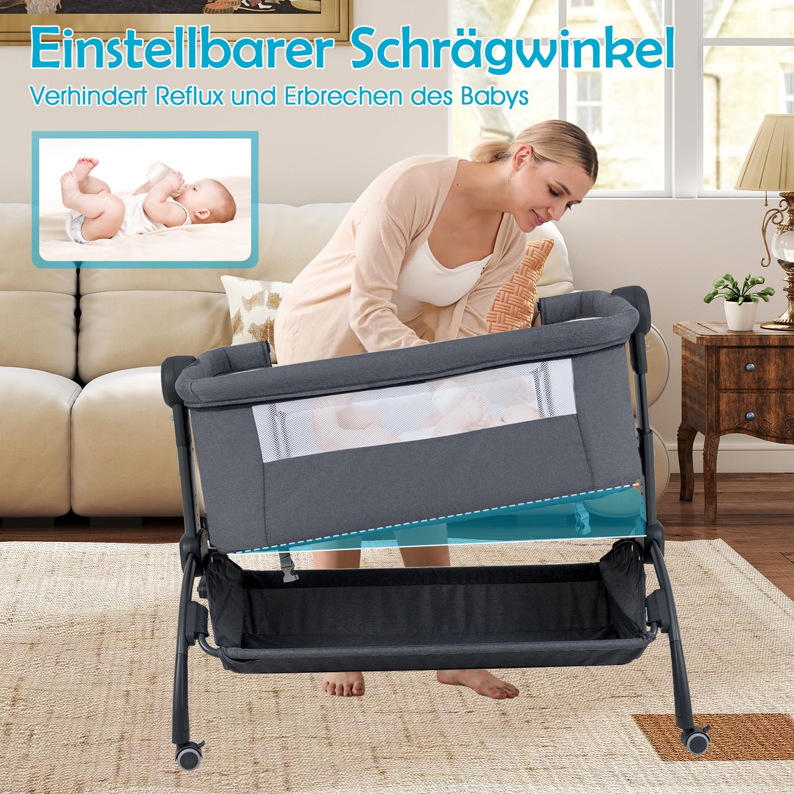 COSTWAY 3 in 1 Beistellbett mit Mosktionetz, Reisebett Baby mit Matratze, Babybett 7 Fach höhenverstellbar mit Tragetasche, Aufbewahrungskorb, Stubenwagen für Baby bis 9 Monate (Grau)