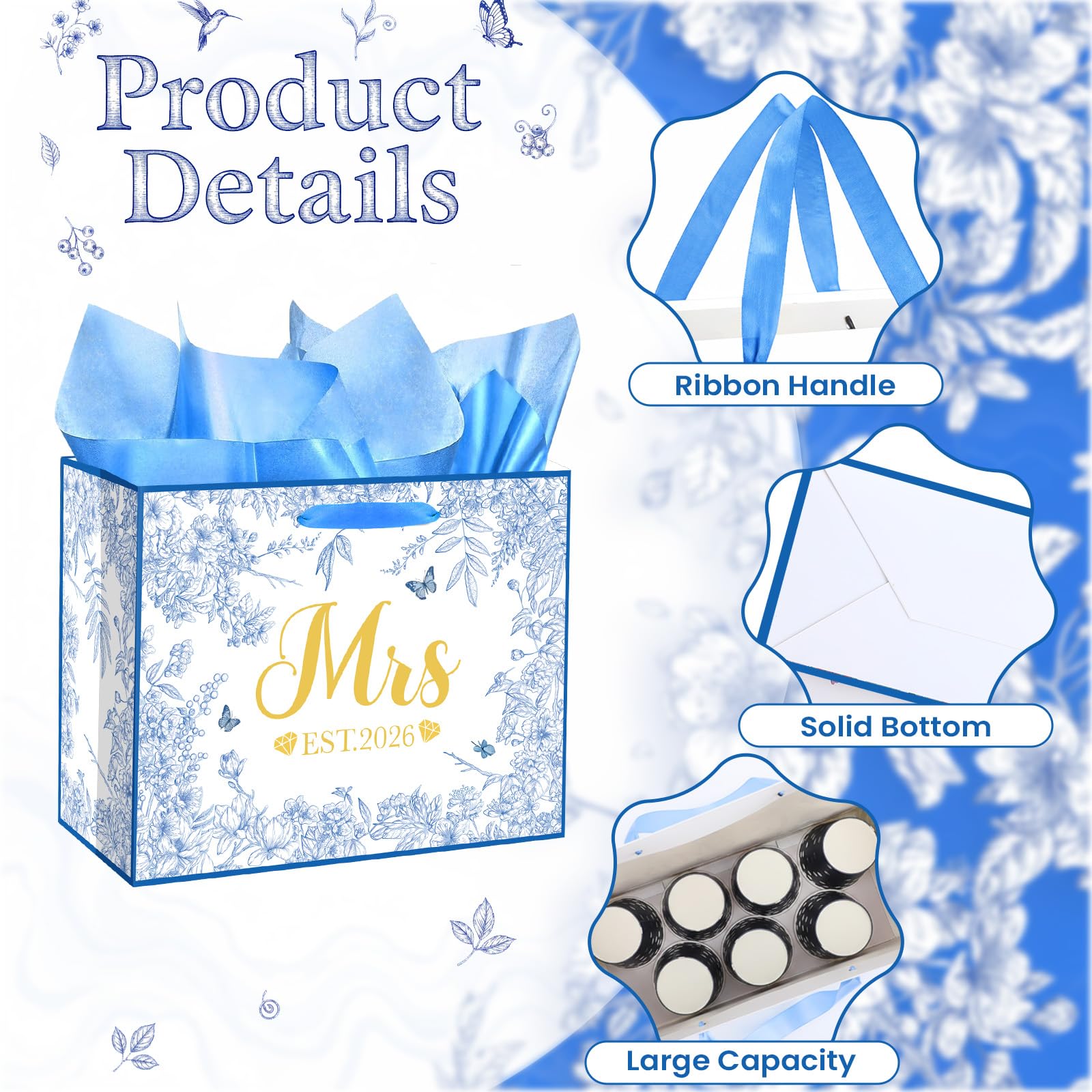 Woosytoo EST 2026 Mrs Bride Gift Bag Blue Bridal Shower Gift Bag with Tissue Paper and Card Mrs 2026 Wedding Gift Bag for Butterfly Bridal Shower Bachelorette Party Engagement Decor Supplies
