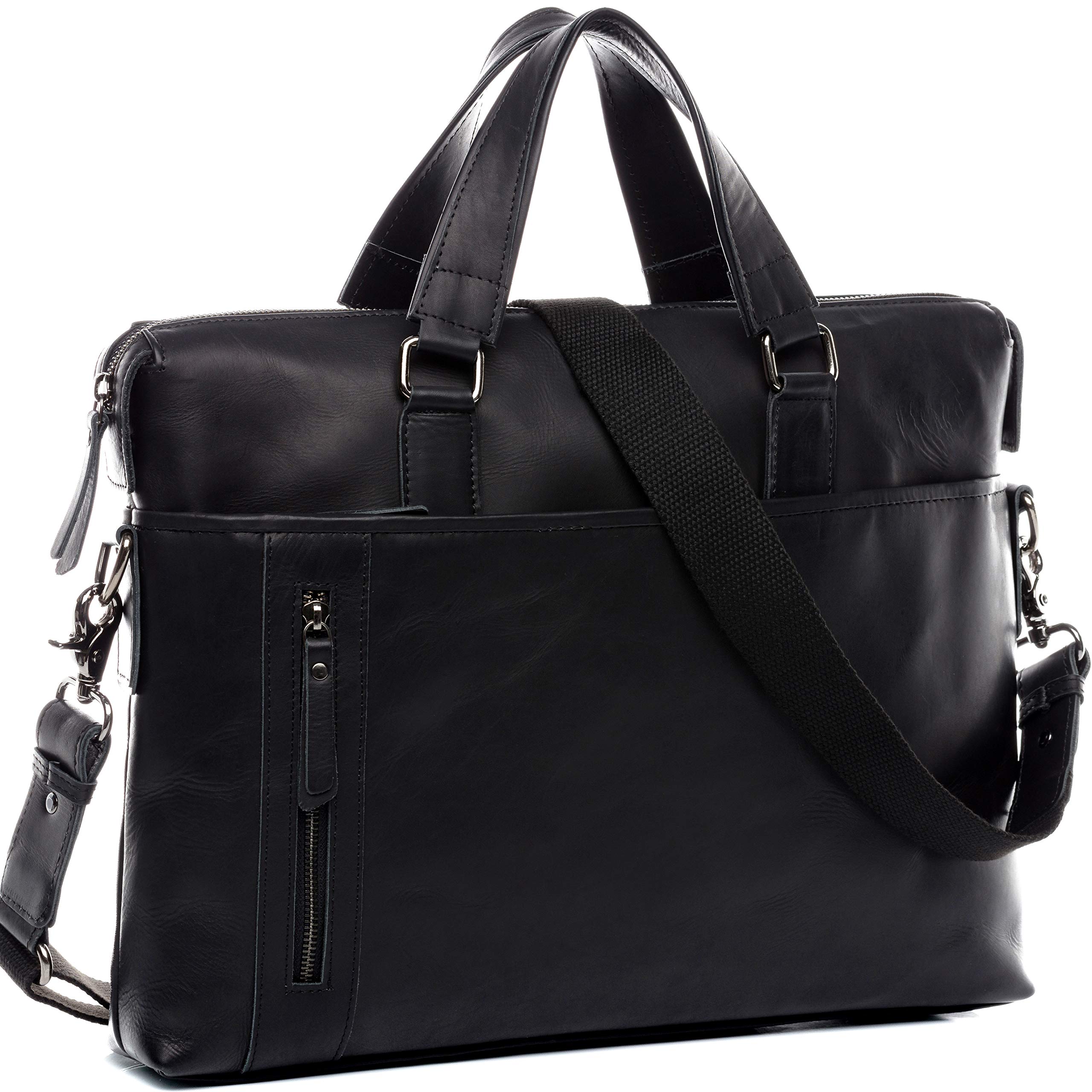 BACCINI Sac bandoulière Ordinateur Leandro | Compartiment 15" Laptop Cuir véritable | Sac Porte-Document en bandoulière Grand Homme Noir | Sac Messager école Etudiante Travail Fait à la Main