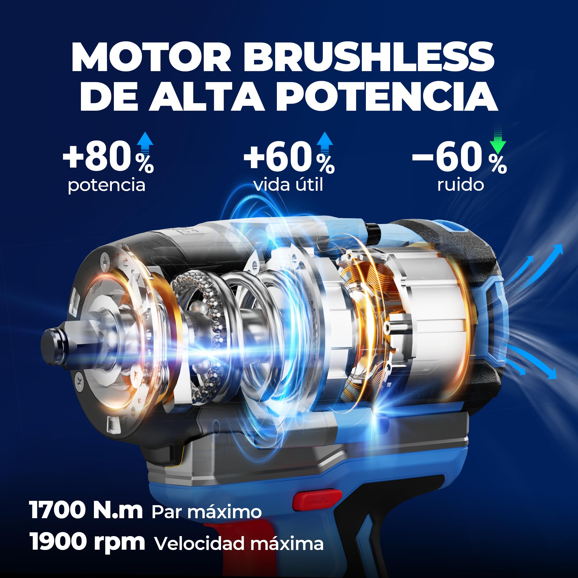 Dong Cheng Llave de impacto a batería sin escobillas 1/2", 1700 Nm, 3 vel (0-1900rpm), 2 bat 5Ah + cargador rápido + 3 dados + maletín. Para coches, camiones y maquinaria pesada