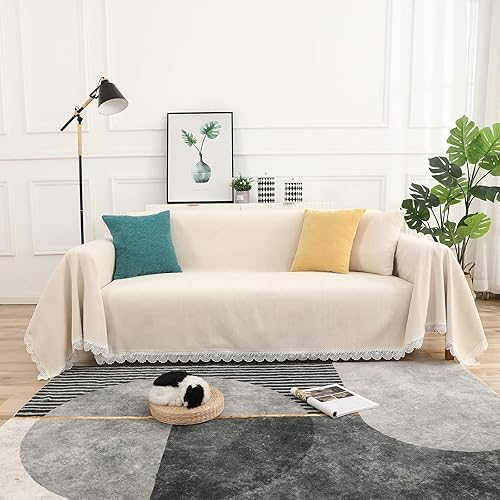 Qubjus Funda universal para sofá de 4 cojines, con encaje, duradera, de felpilla, lavable, protector de muebles para niños, perros y mascotas (XXL,