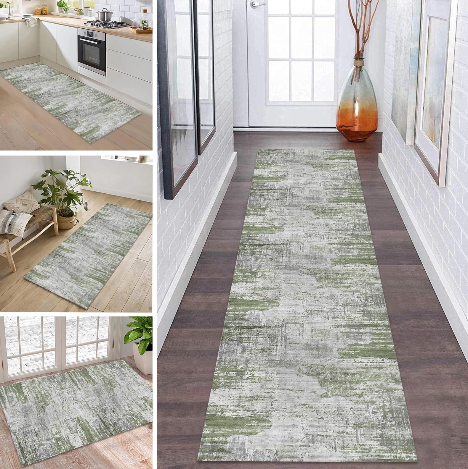 Tapis de couloir long gris et vert 110x200 cm lavable