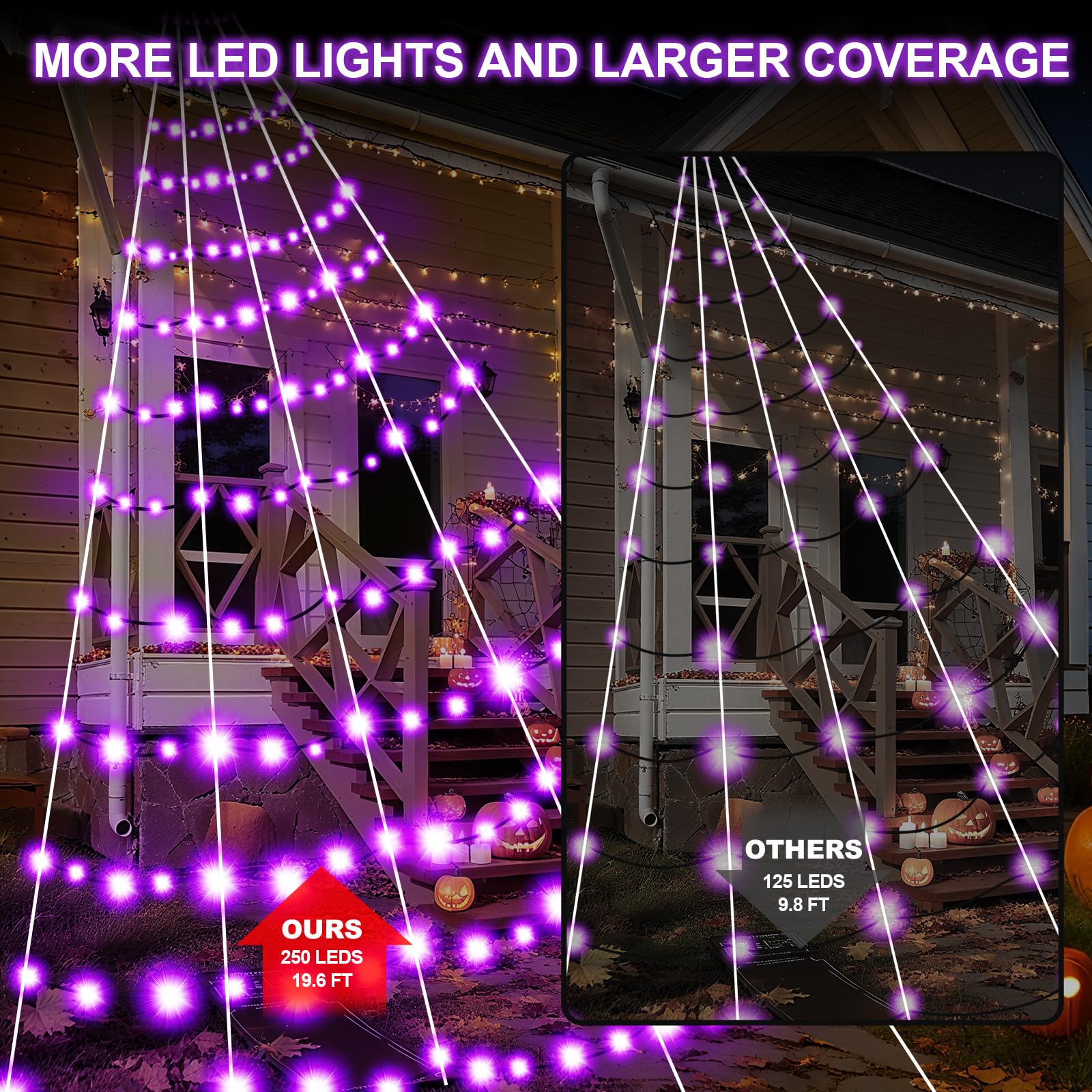 Decoración de telarañas de Halloween para exteriores, telaraña gigante de 19.7 x 14.8 pies con 250 luces LED moradas, telaraña negra triangular iluminada de Halloween con 8 modos y araña para