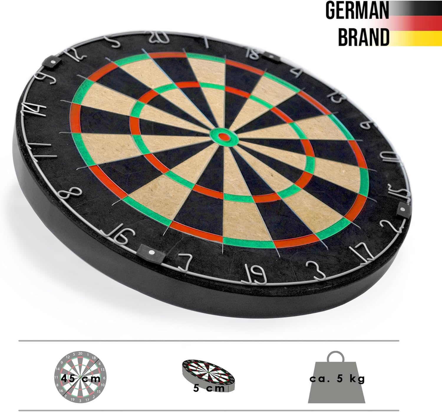 Karella BullOut Professional Dartboard without Logos, Bristle Steel Dartboard 45 cm, Staple-Free, High-Quality Sisal, Rotating Number Ring, Tournament Size, Includes Wall Bracket, Wedges