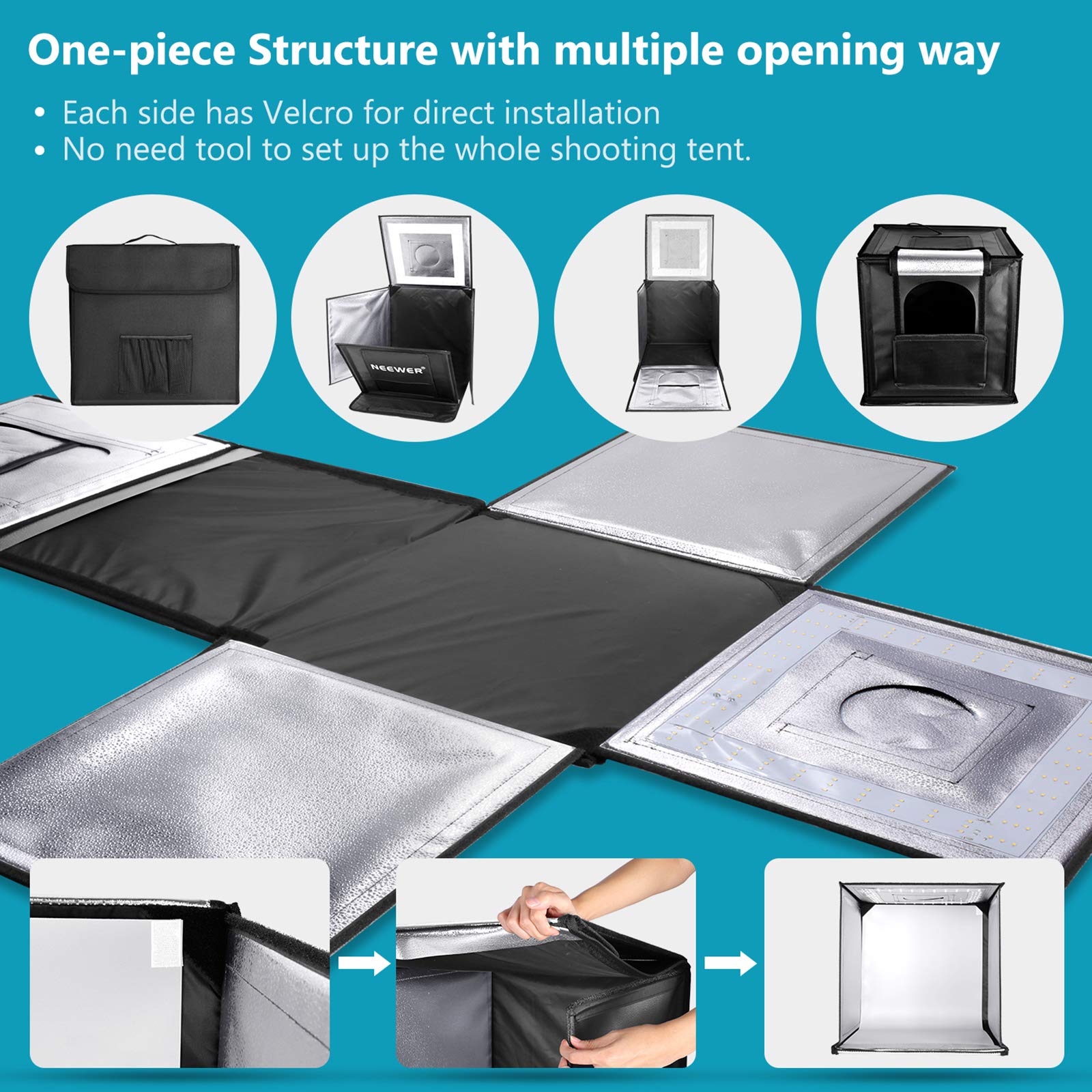 NEEWER Photo Studio Luce Scatola 40X40cm Tenda Luce di Ripresa Luminosità Regolabile Pieghevole Portatile Professionale da Tavolo Kit di Illuminazione per Fotografia 120 Luci LED 4 Colori Fondali
