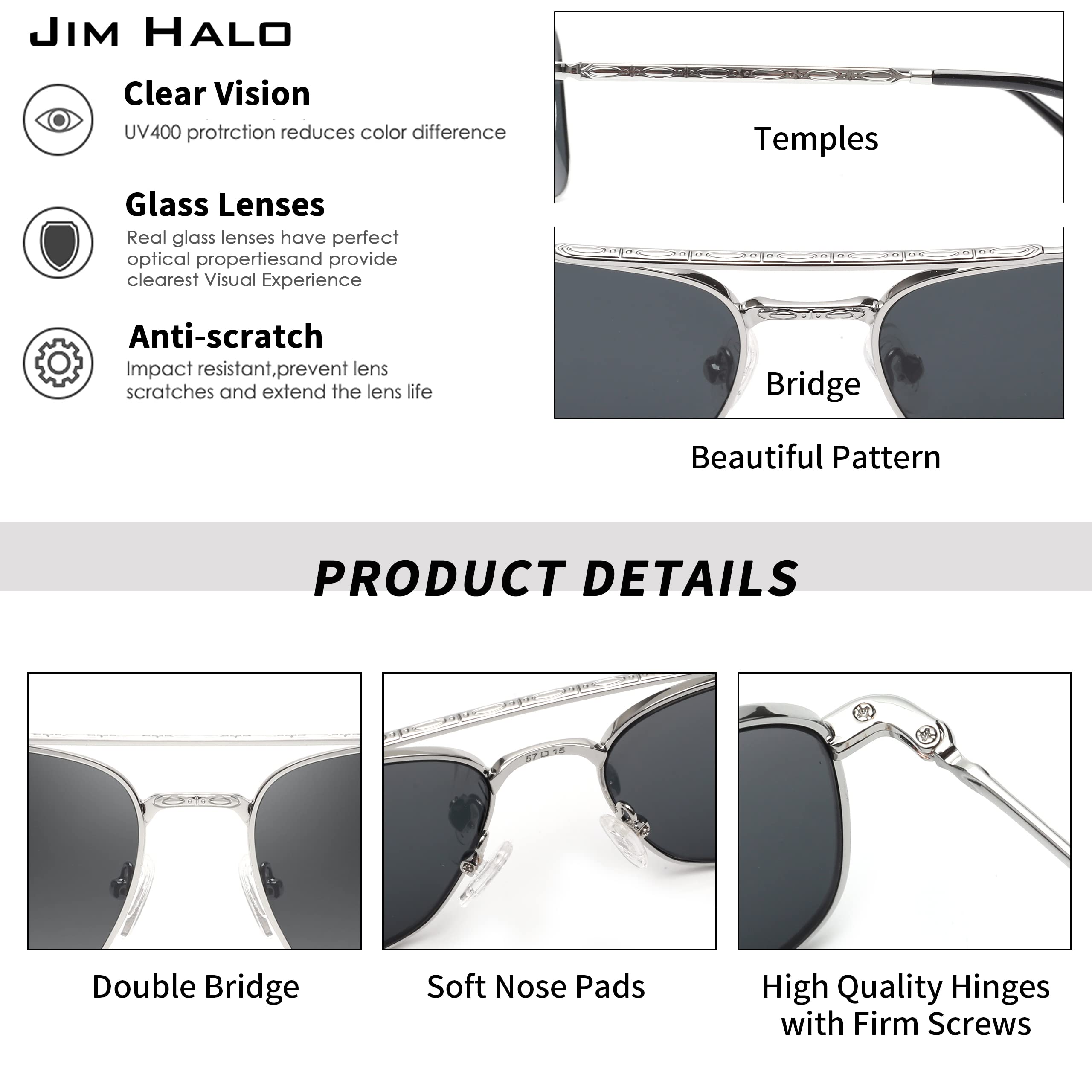 Jim Halo Retro kwadratowe okulary przeciwsłoneczne premium szklane soczewki płaskie metalowe okulary mężczyźni kobiety
