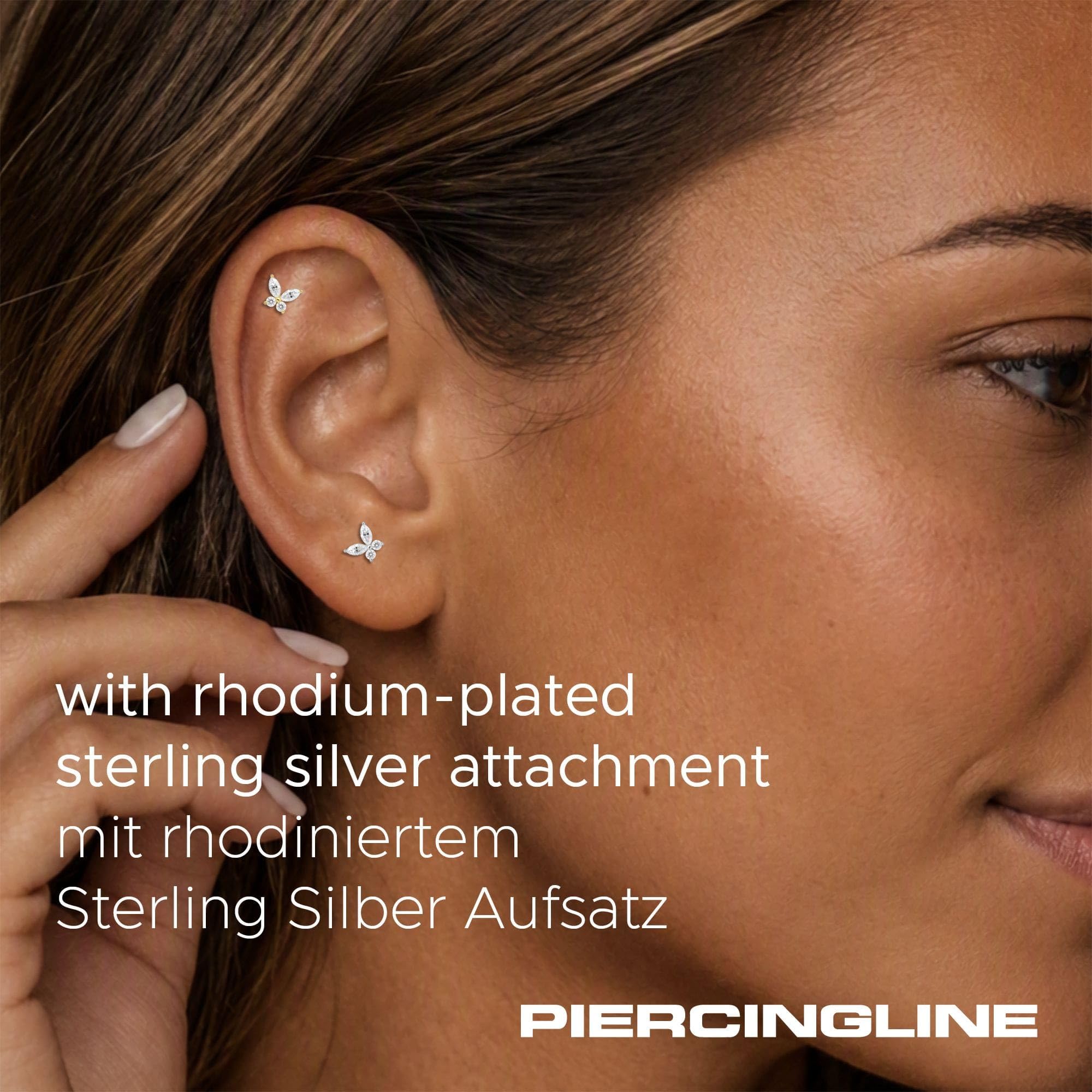 PIERCINGLINE Piercing Stecker Titan Labret mit Innengewinde + 925er Silber Aufsatz MOISSANIT-SCHMETTERLING - Goldfarben, Silberfarben