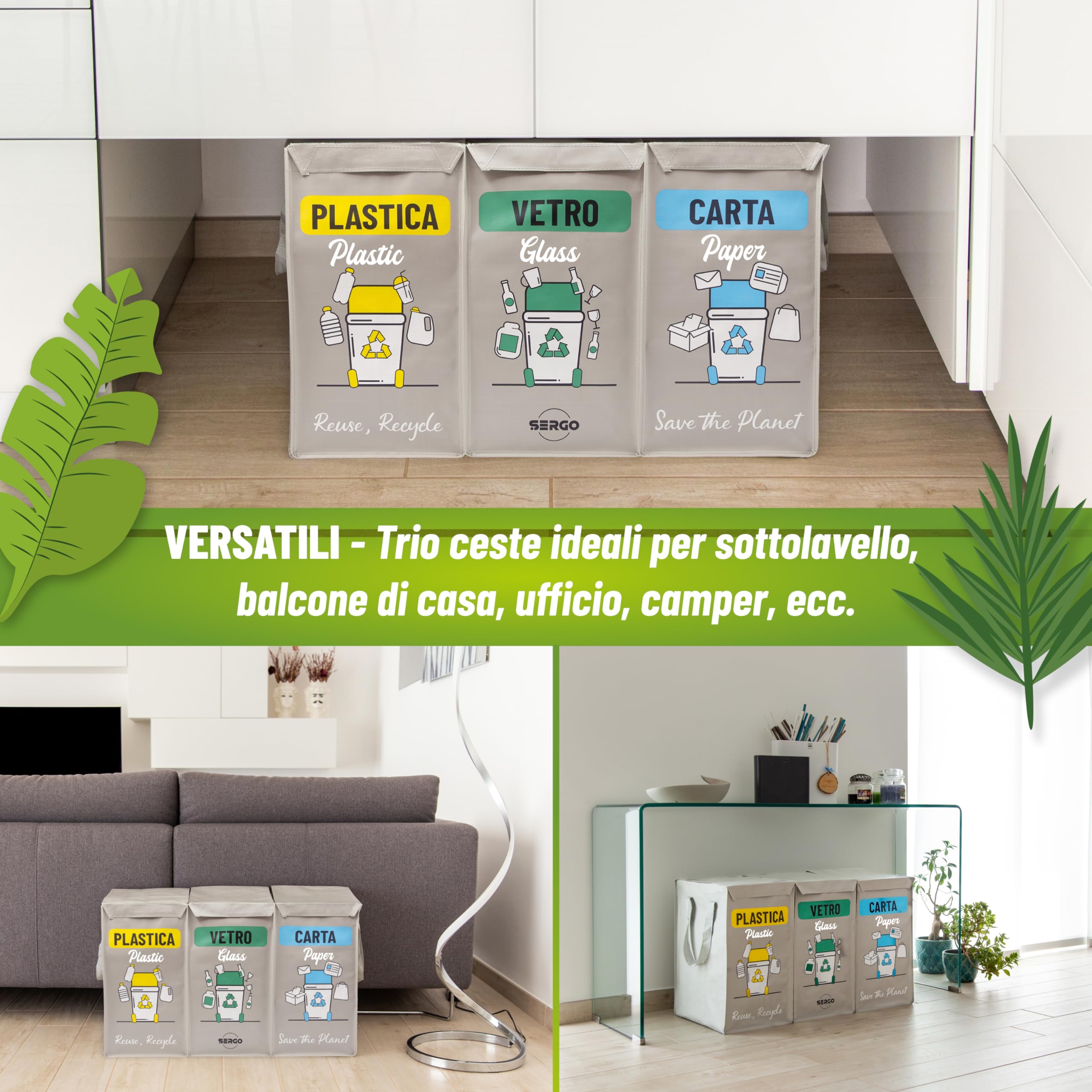 SERGO Borse Raccolta Differenziata con Coperchio - Contenitori Differenziata Interno e Esterno per Plastica, Carta e Vetro - Pattumiera differenziata 3 scomparti color Grigio chiaro