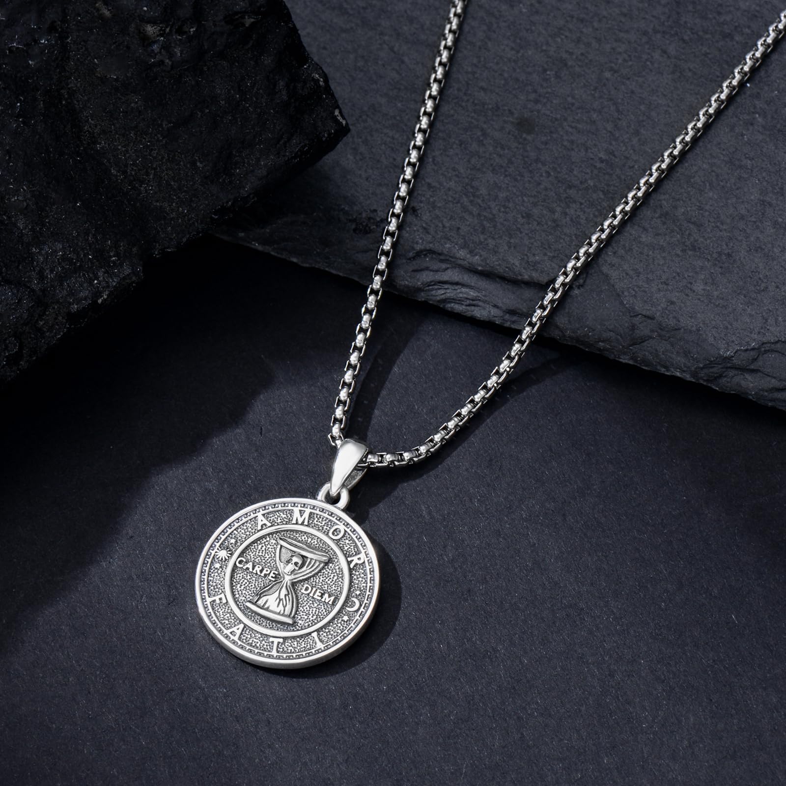 Memento Mori Halskette für Herren 925 Sterlingsilber Memento Mori Anhänger Lebensbaum Totenkopf Amulett Schmuck Geschenke 55,9 cm + 5,1 cm Edelstahl Kette