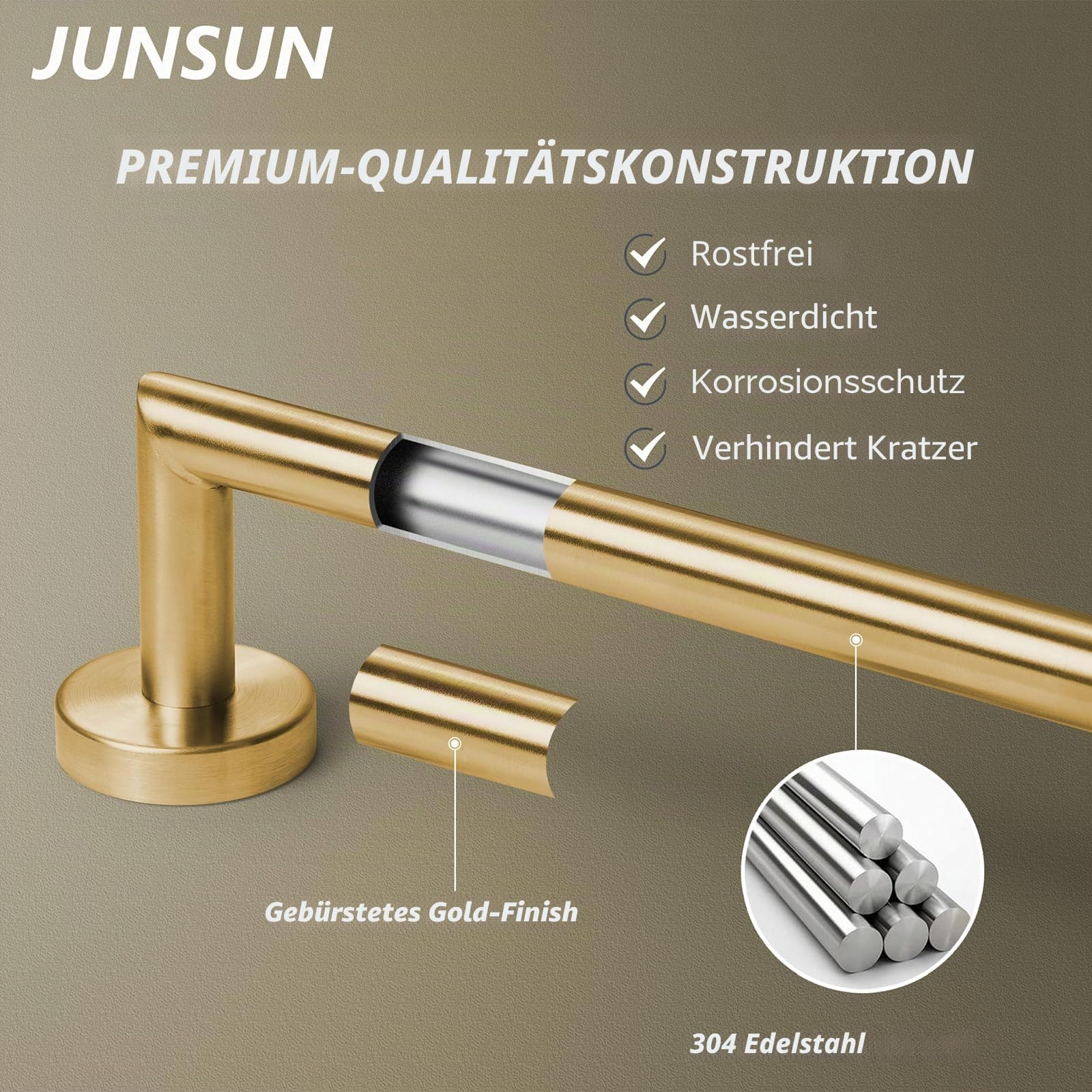 JunSun Handtuchstange 76,2 cm Badezimmer Handtuchhalter Heavy Duty Badetuchhalter Modern Handtuchstange Gebürstetes Messing Handtuchhalter Badezimmer Zubehör Gold Handtuchhalter Edelstahl
