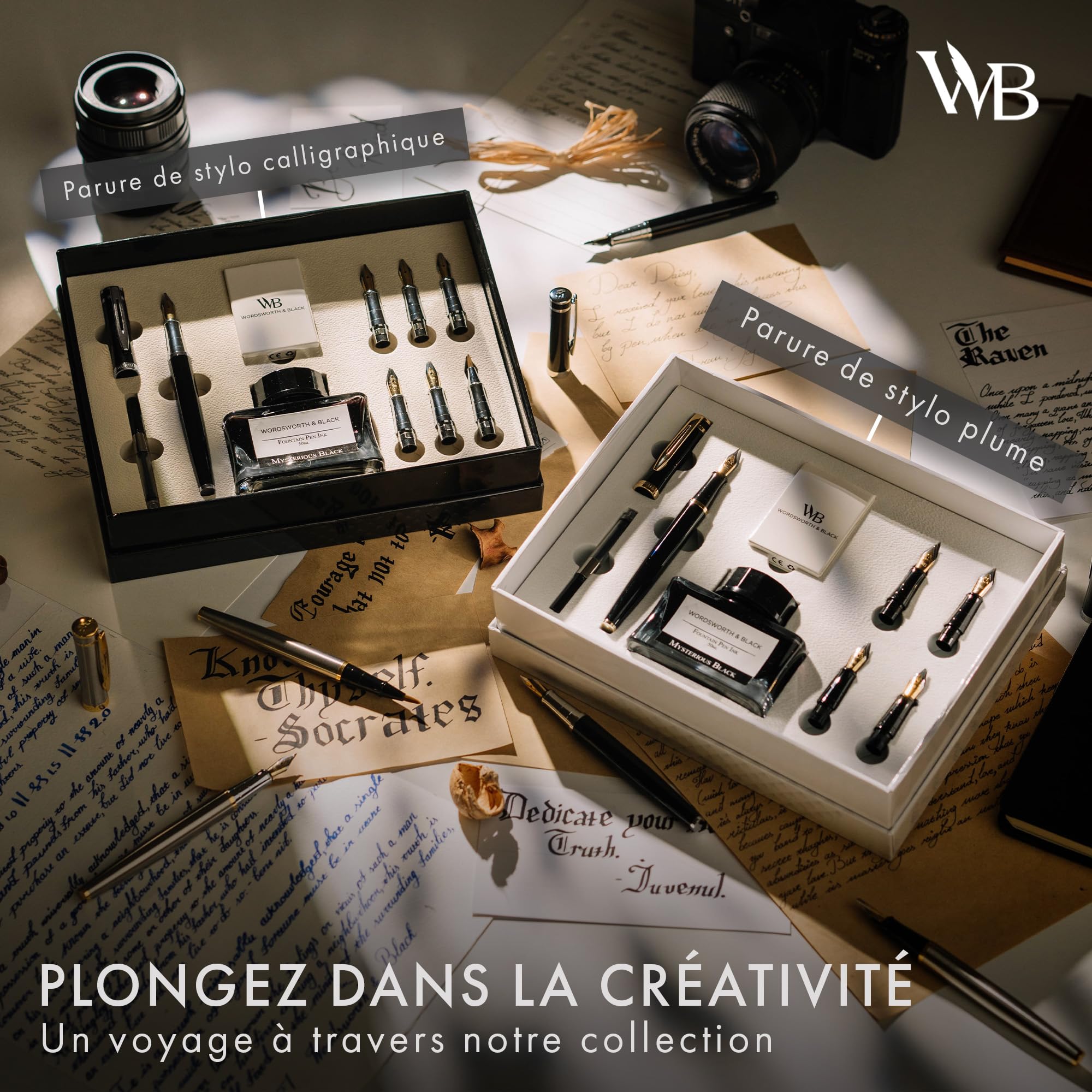Wordsworth & Black Ensemble de Cadeau Stylo Calligraphie, Bouteille encre, 6 Cartouches, Convertisseur de Recharge, 6 Pointes de Rechange, Paquet Premium [Argent Or]