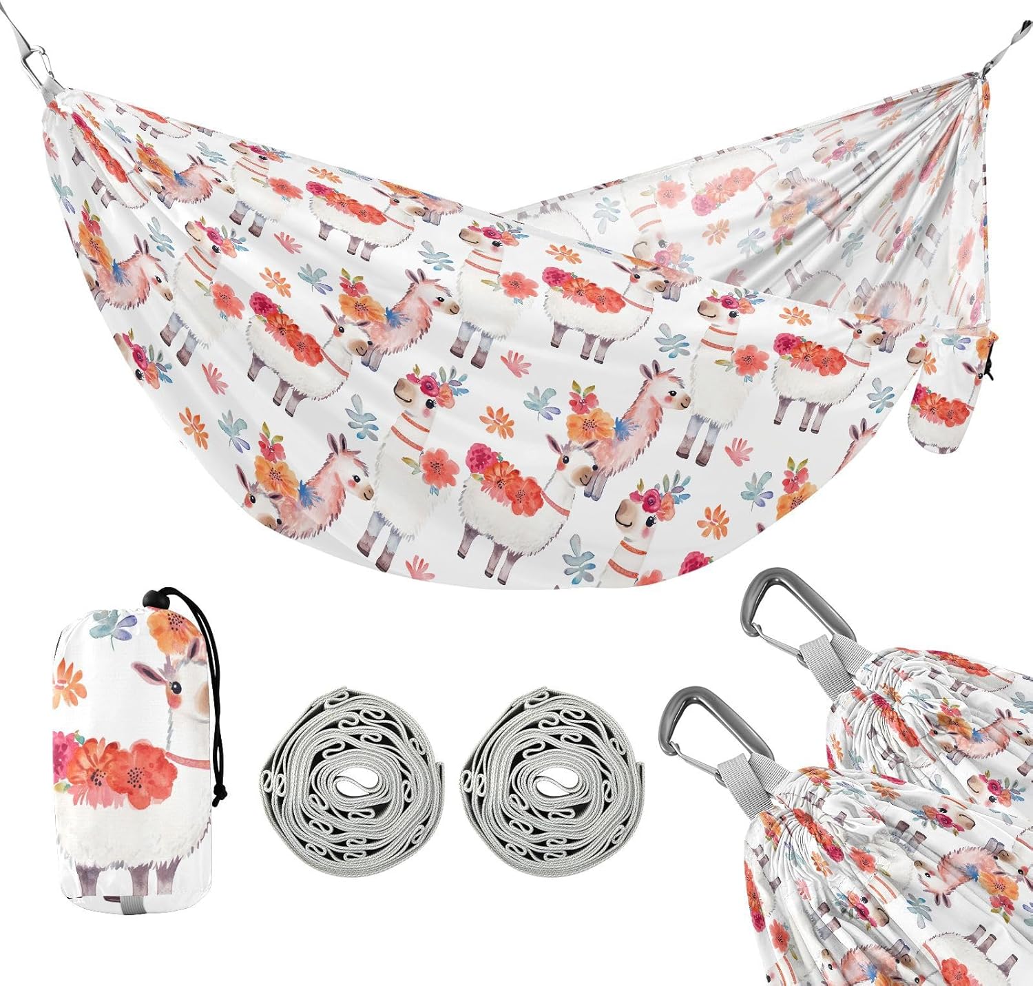 ALAZA Cute Llama Alpaca Flowers Camping Hammocks Single or 2 Person 500 lbs Portable Parachute Travel Hammock w/Tree Straps for Hiking Backpacking Indoor Outdoor