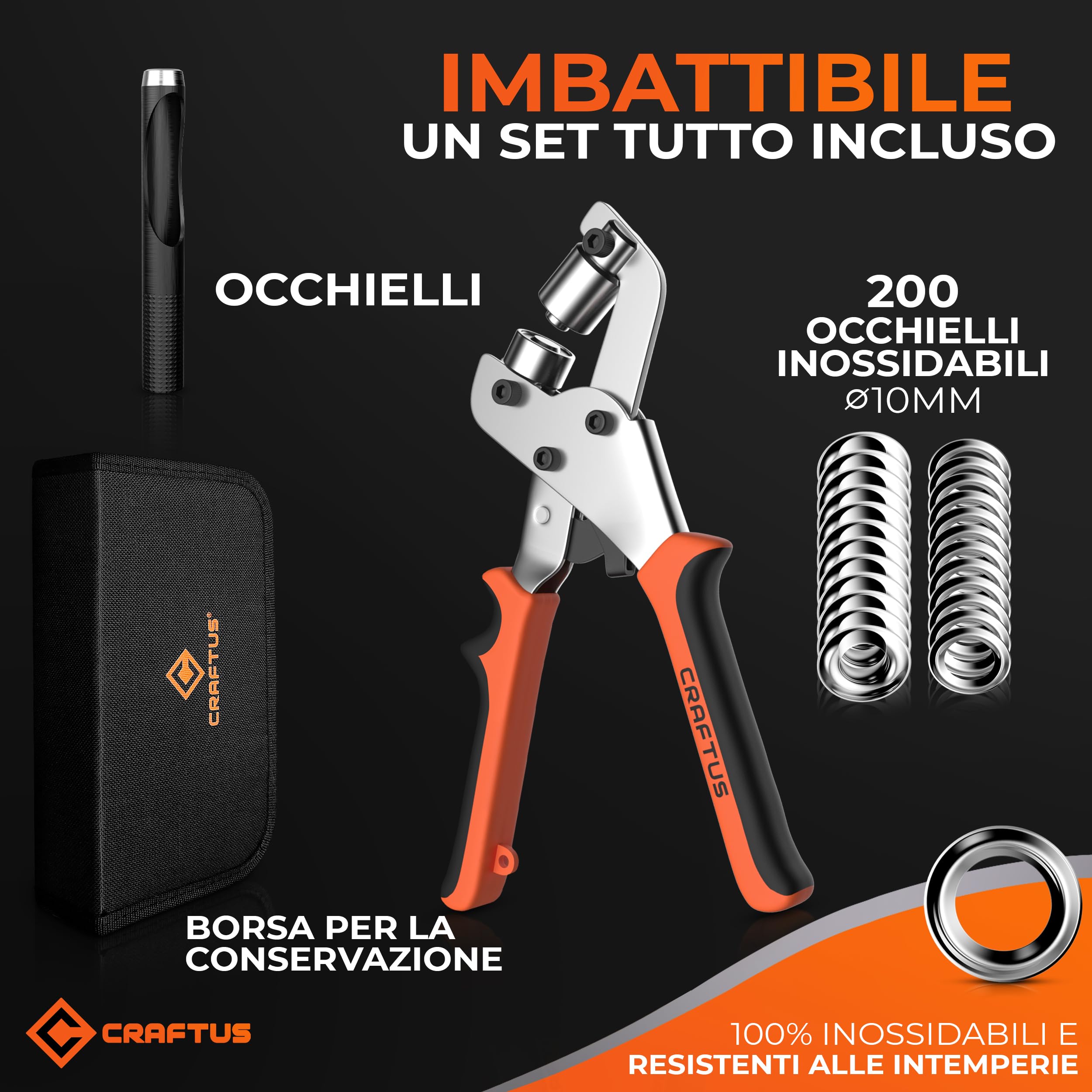 CRAFTUS® Pinza per occhielli metallici con 200 occhielli (Ø10mm) I Occhielli per teloni e tessuti magnetica per occhielli in acciaio temprato I Occhiellatrice per teloni per occhielli