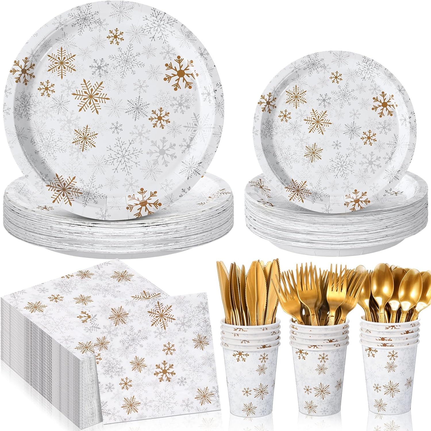 420 Pcs Winter Snowflake Tableware Set Winter Wonderland Party Supplies Disposable Snowflake Paper Plates Napkin Cup Plastic Knife Fork Spoon Party Dinnerwares (Gold) 420 Gold
