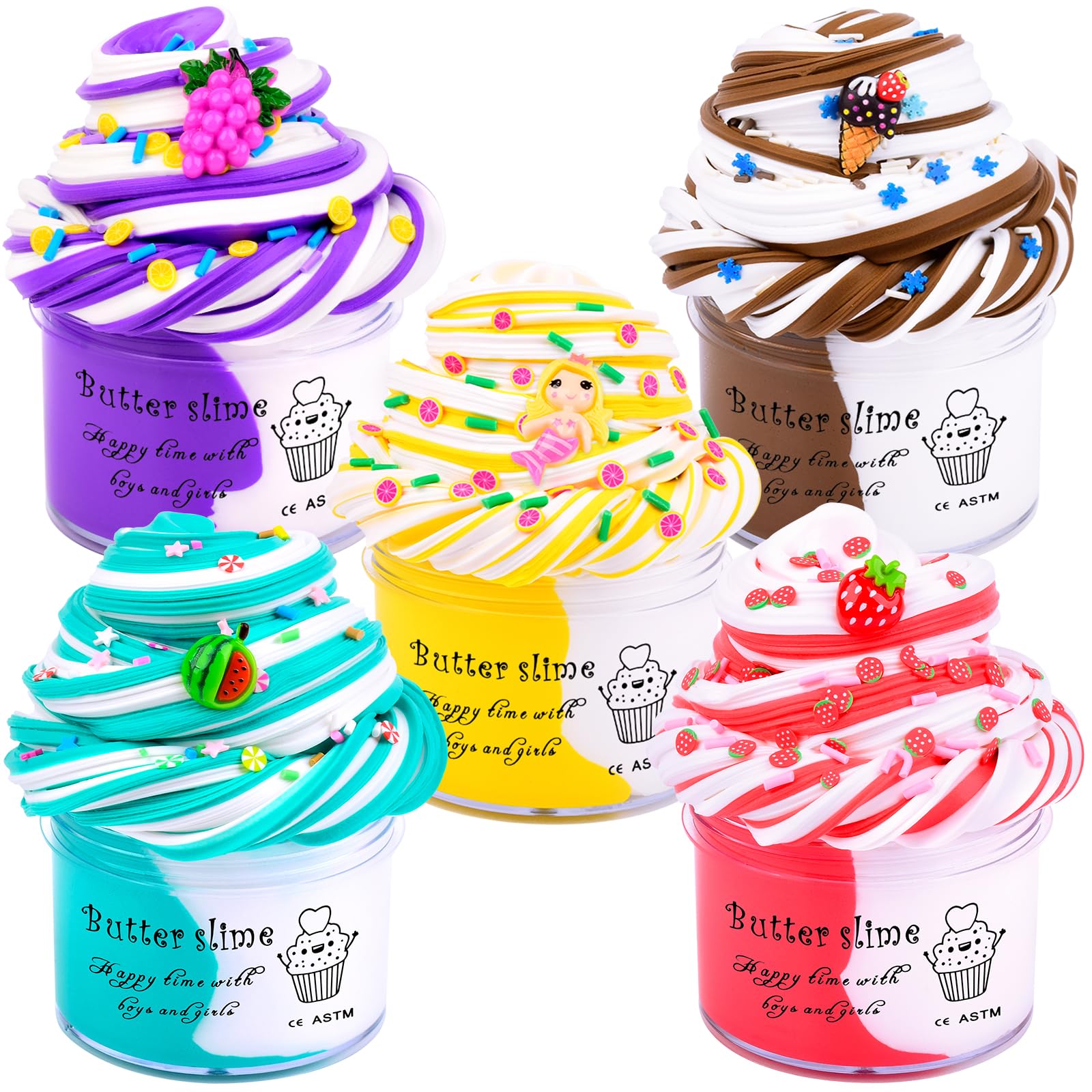 5 Pack Butter Slime Kit with Charms, Soft Non-Sticky Party Favors for Girls and Boys, Soft Non-Sticky Scented Slime for Kids, Birthday Gifts, Classroom Rewards, DIY Stress Relief Toy